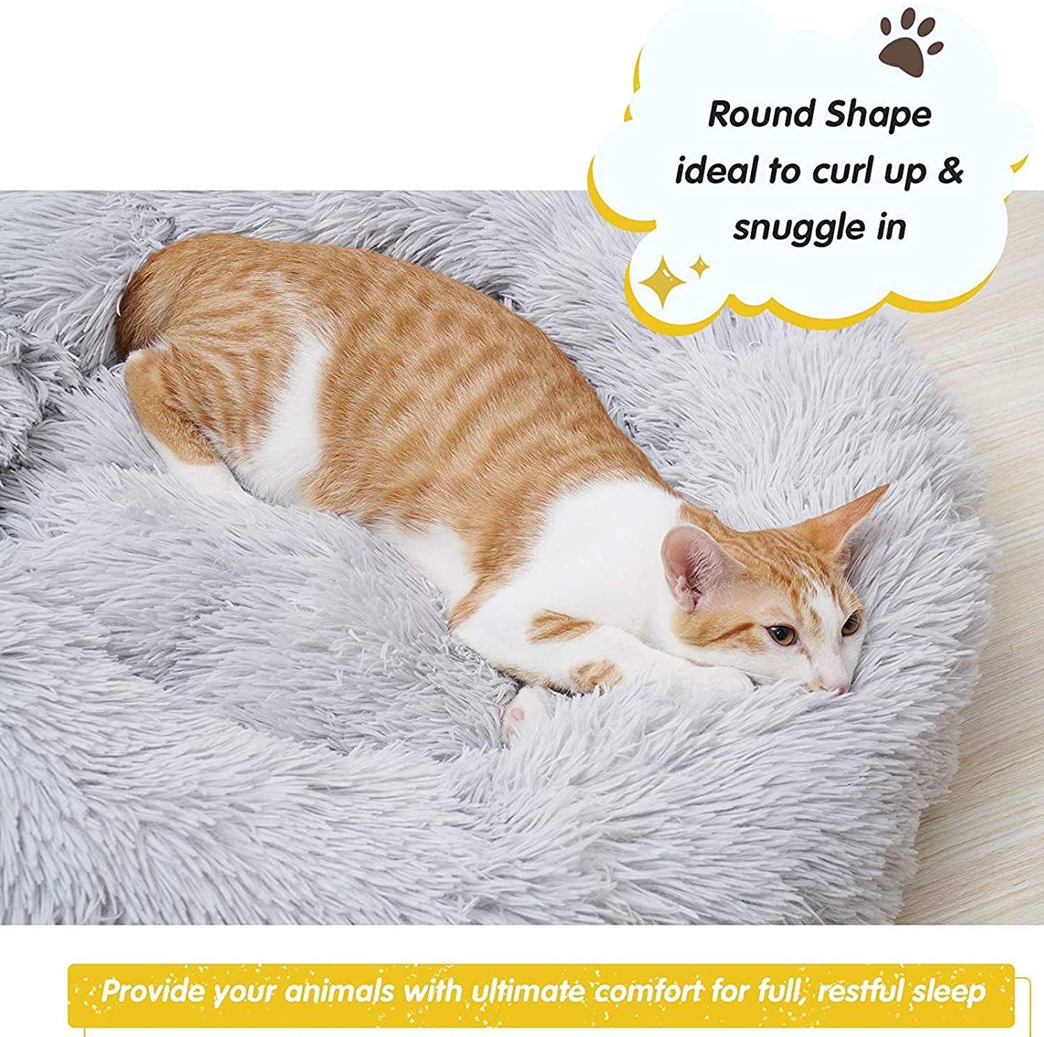Pets Calming Cat Bed Dog Beds, Proxima Direct Ultra Soft Cat Cushion Bed round Nest Fluffy Plush Bed Donut Cuddler Dog Bed with Non-Slip Bottom Suitable for Cats or Dogs Puppy (60CM, Light Grey) image number 1
