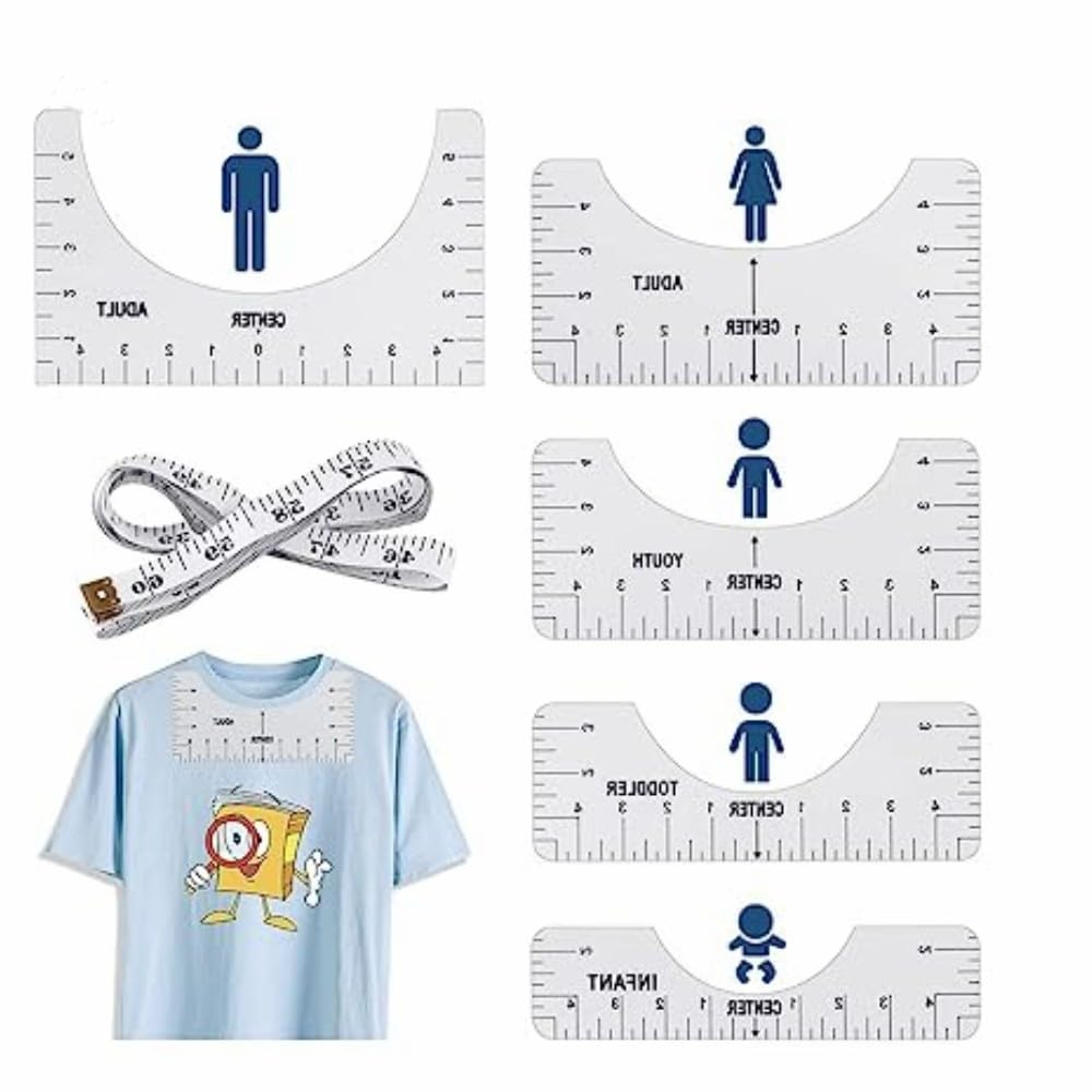 T-Shirt Alignment Rulers, 5 Pcs Tshirt Ruler Guide for HTV Vinyl Heat Transfer Vinyl and Sublimation, Adult Youth Shirt Centering Ruler Set with 1 Pcs Measuring Tape