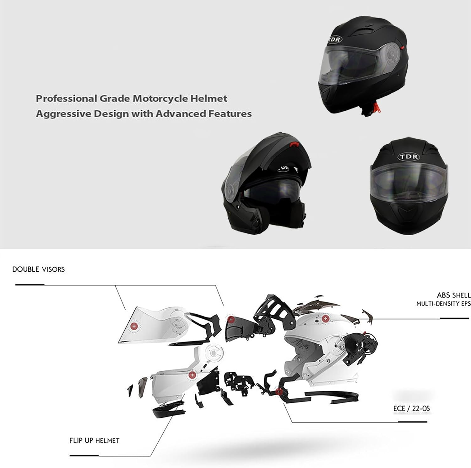 TDR Black Flip up Full-Face Modular Motorcycle Helmet Dual Visor Sun Shield ECE 22.06 Approved ABS EPS Air Vents Street Bike ATV Motocross Adventure Touring image number 1