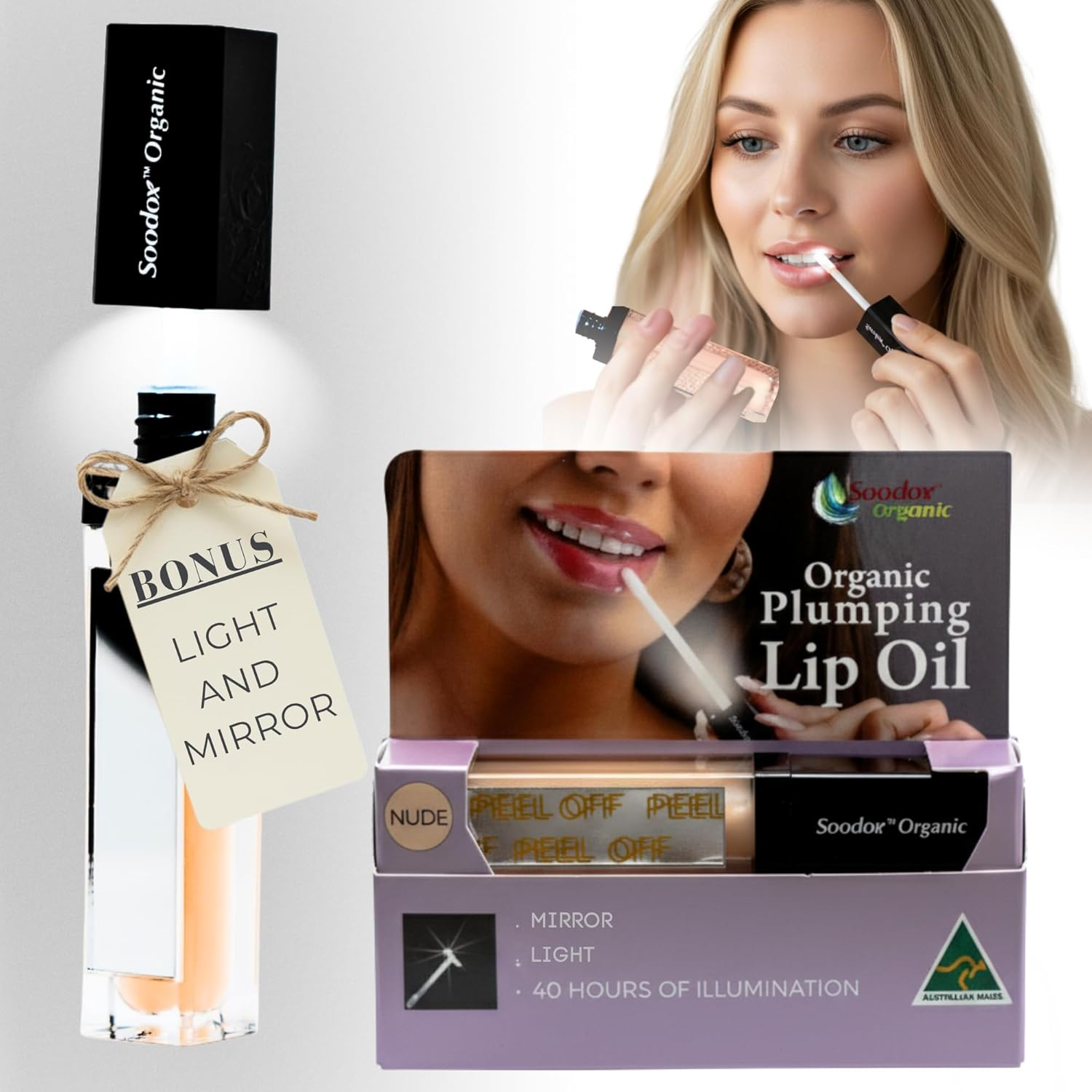 Soodox Organic Lip Oil with Subtle Plumping Effect - Organic Oil - Natural Australian Made - Plumping Filler Balm - Hydrates, Plumps and Soothes Lips - BONUS Light & Mirror Included, Nude