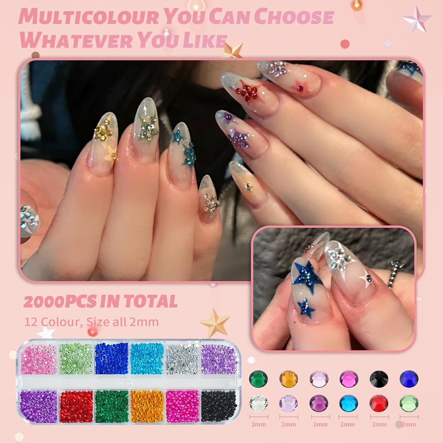 EARLMONI 6000PCS Rhinestones in 4 Sizes Nail Gems, Crystal AB Nail Art Gems with Pick up Tweezers Rhinestone Picker Dotting Pen, Acrylic Diamante Gems for Nail Art, Clothes, Face