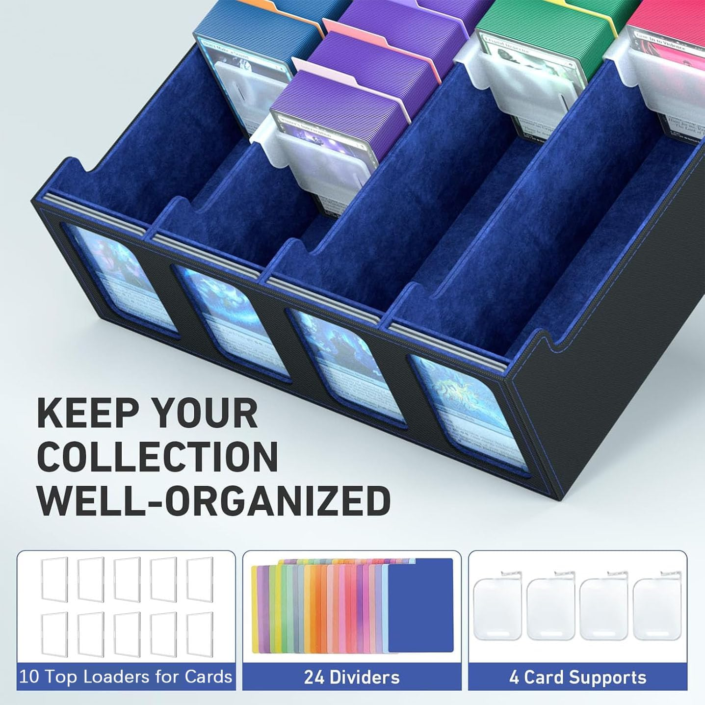 4-Row Trading Card Storage Box, Bulk Card Case for 3200+ Mtg Tcg Magic Soprts Playing Game Card Organizer, Commander Deck Box with 4 Supporters 24 Dividers Strap+10 Top Loaders for Cards image number 2