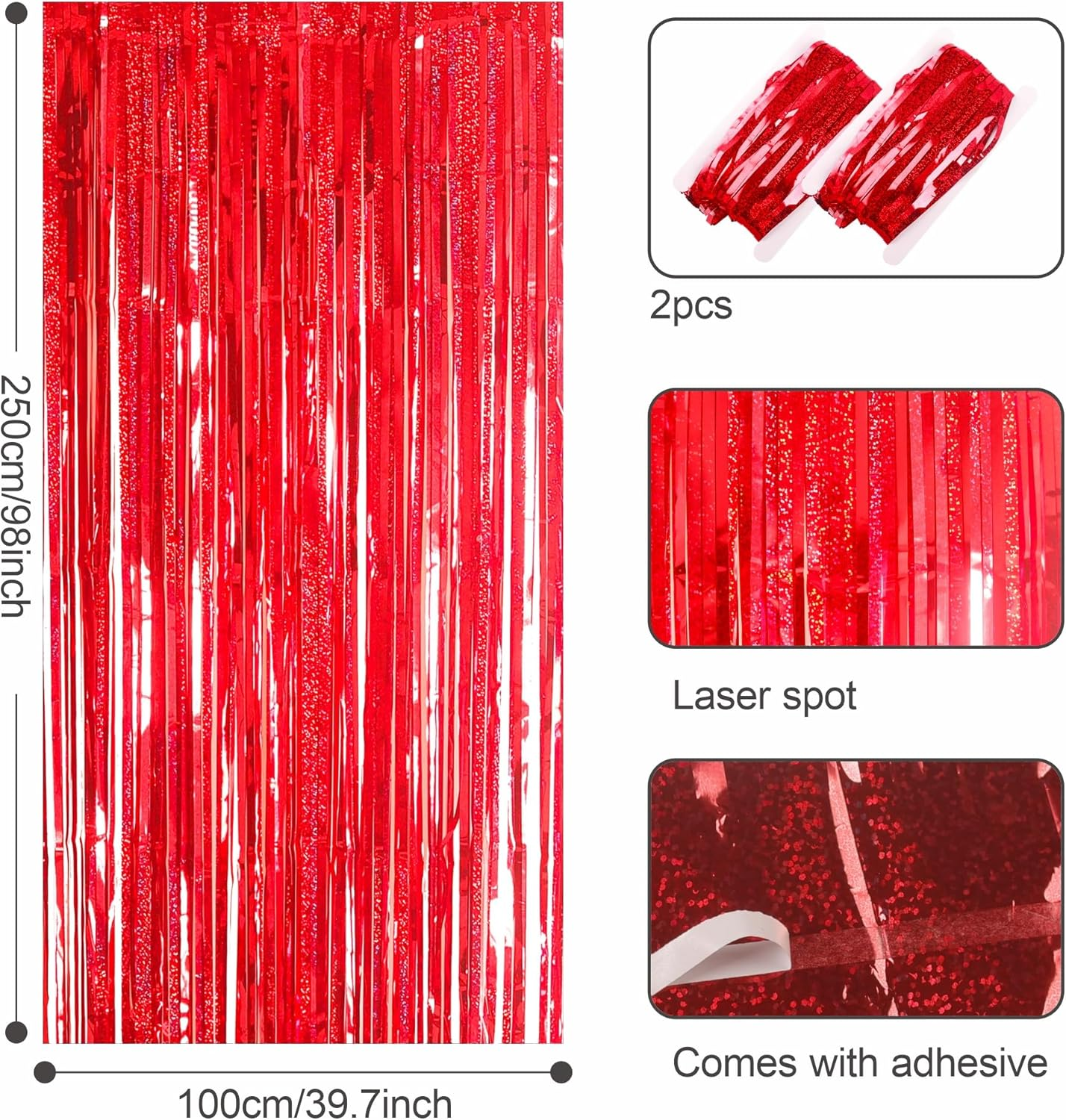 2Pcs 3.2 X 8.3Ft Glitter Red Tinsel Foil Fringe Curtain Door Tinsel Curtain Streamers Party Curtain Photo Banner Decorations for Birthday School Graduation Hen Christmas Party Decorations Red image number 4