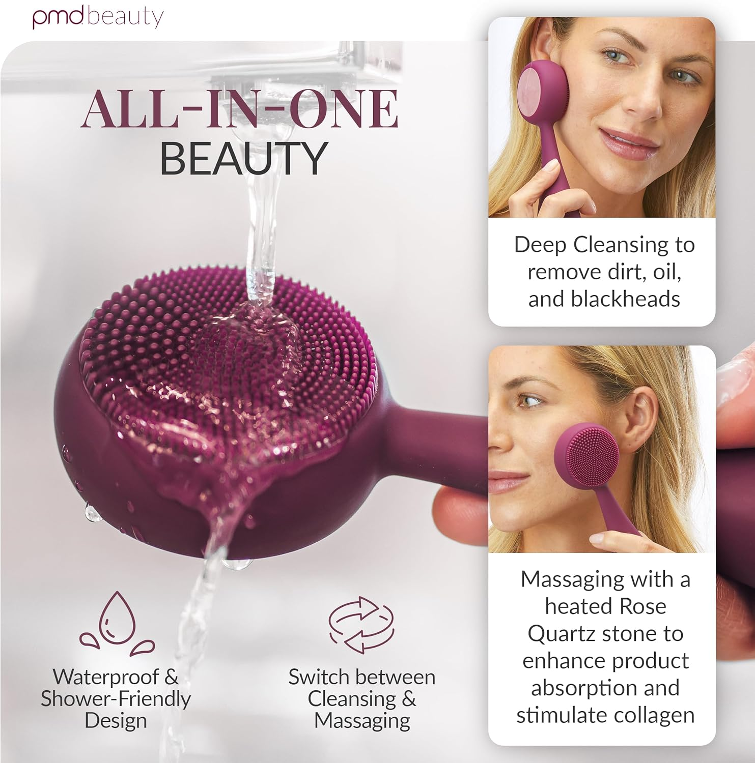 PMD Clean Pro RQ - Smart Facial Cleansing Device with Silicone Brush & Rose Quartz Gemstone Activewarmth Anti-Aging Massager - Waterproof - Sonicglow Vibration - Lift, Firm, and Tone Skin on Face and Body image number 1