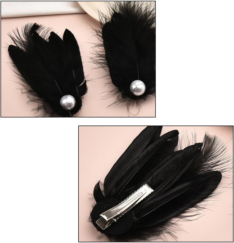 Halloween Party Hair Clips for Women Prom Feather Hair Clip Accessories for Girls Side Pearl Hair Barrette Elegant Sexy Hair Decorations Black Performance Cosplay Hair Clip Women Halloween Hair Outfit image number 6