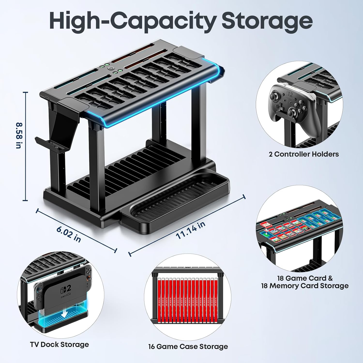 Gersker Switch 2 Organizer Station with Controller Charger Dock Compatible with Switch 2 Joycon, Switch 2 Storage Stand Holds TV Dock, 16 Game Cases, 18 Game Cards, and 2 Pro Controllers