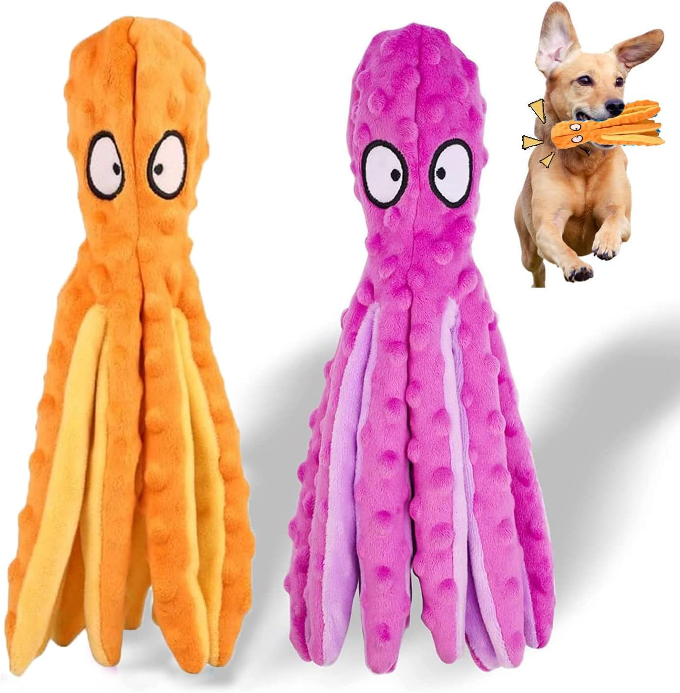JINDUN 2 Pack Squeaky Dog Toys, Octopus No Stuffing Crinkle Plush Dog Chew Toys for Puppy Teething, Pet Training and Entertaining, Interactive Dog Toys for Puppies, Small,Medium,Large Dogs,Yellow&Pink image number 3