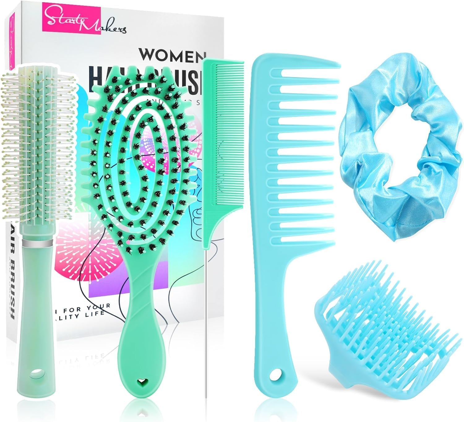 Hair Brushes Set, Curl Defining Boar Bristle Detangling Hair Comb Set for Women Men with round Brush, Wide-Tooth Comb, Rat Tail Comb, Scalp Shampoo Brush and Satin Scrunchie (Pink)