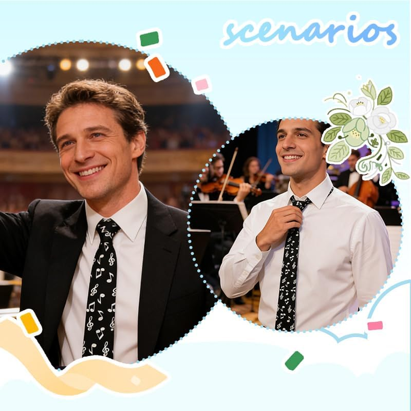 Music Note Necktie for Suit Shirt Accessories Musicians Neckties Music Lovers Birthday Gifts for Men Business Wedding Party Fashion Black Musical Note Neck Ties image number 6