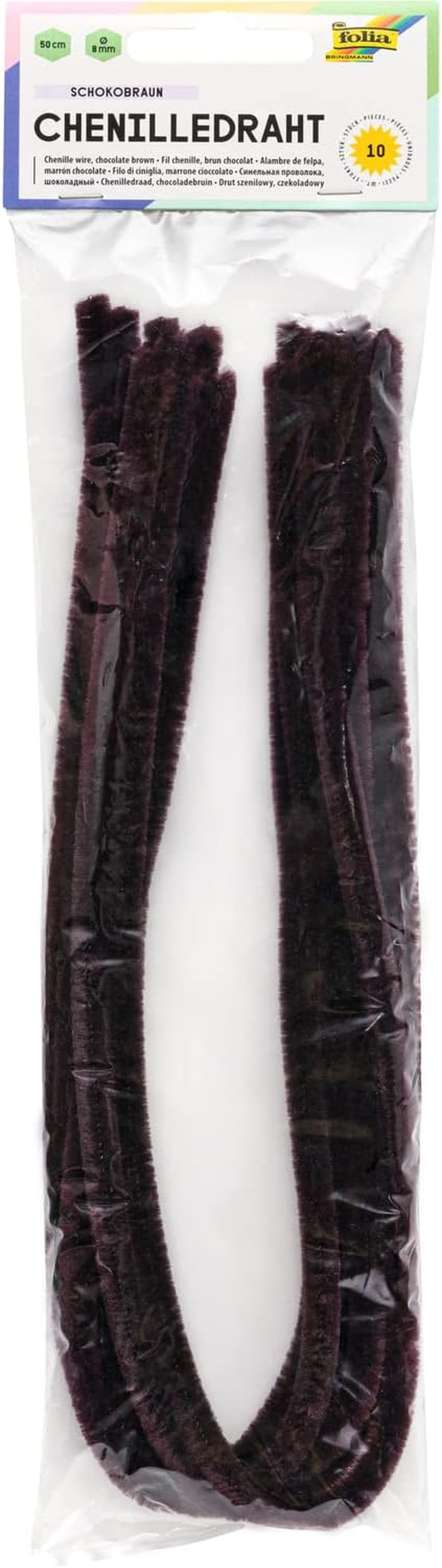 Folia 77885 Chenille Wire, Pipe Cleaners, Pack of 10 in Brown, Diameter 8 Mm and 50 Cm Long, Ideal for Children for Crafts and Designing Animals, Figures and Other Shapes