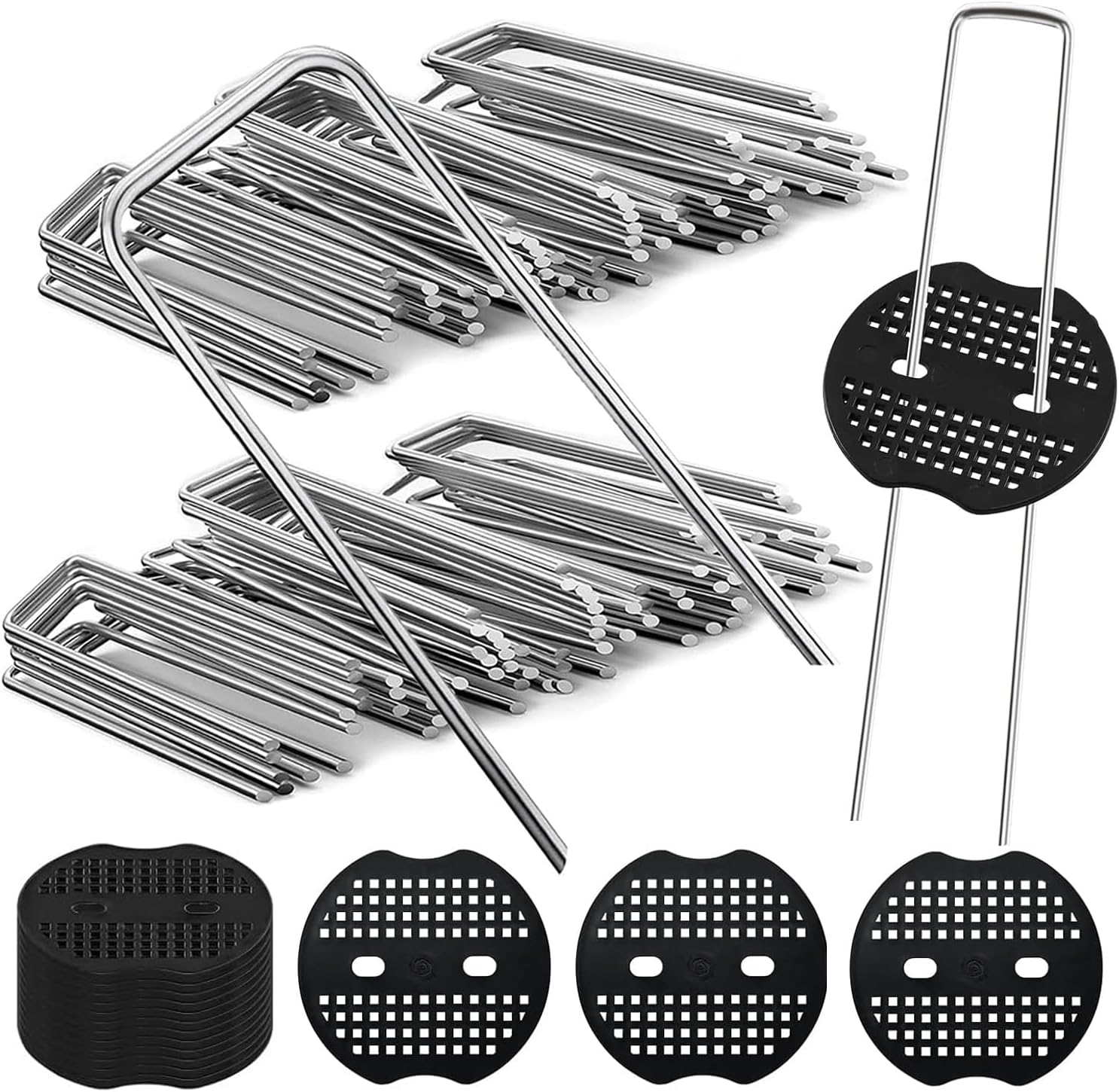 200Pcs Garden Stakes Staples Kit, Betterjonny 100Pcs U-Shaped Landscape Staples,100Pcs Fixing Gasket,Heavy Duty Securing Pegs Galvanized for Lawn Securing Ground Fabric Tents image number 2