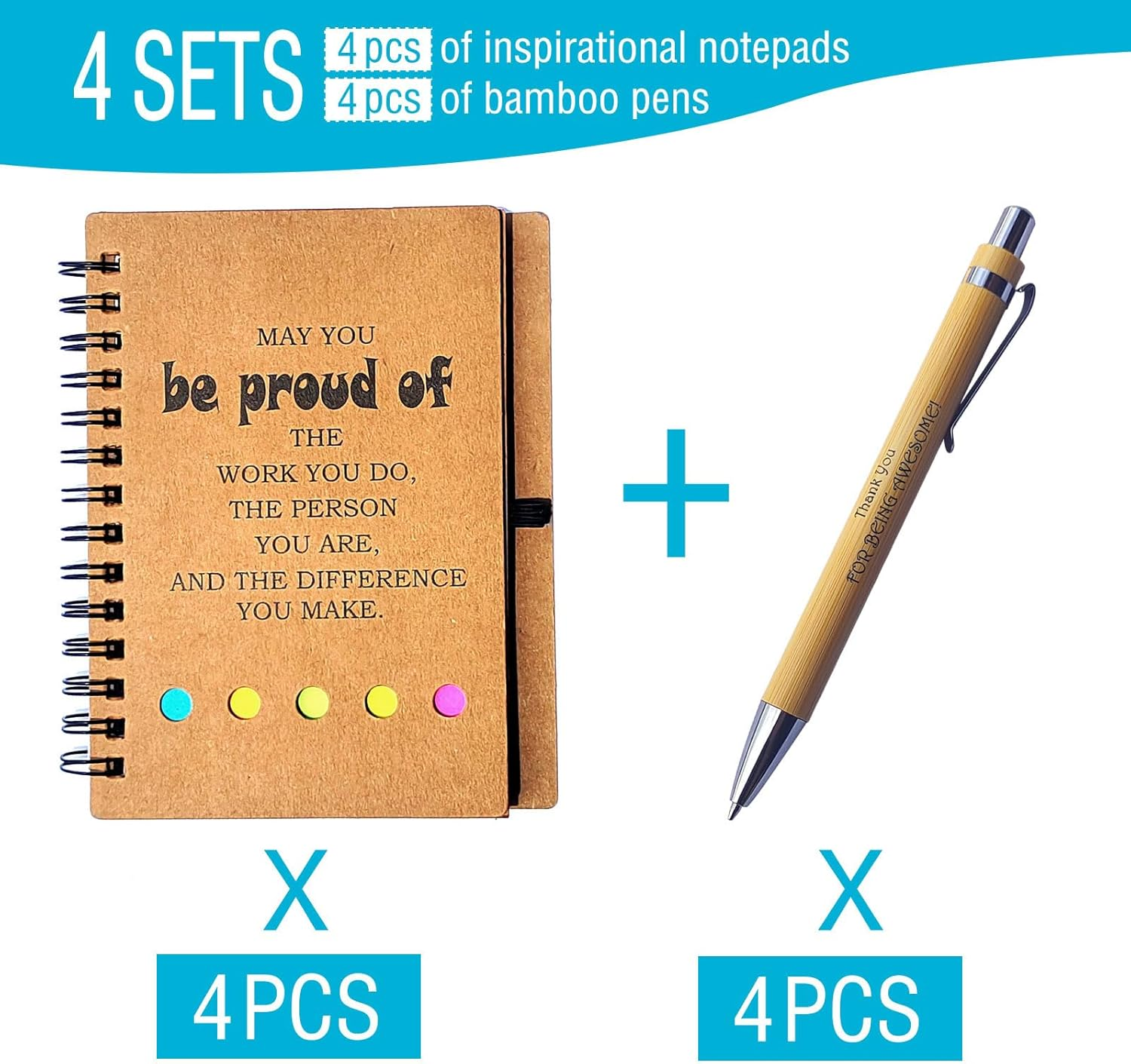 4 Sets Employee Appreciation Lnspirational Spiral Journal with Sticky Note Notepad Motivational Bamboo Ballpoint Pen Bulk for Nurse Teacher Student Coworker Thank You Present - Brown image number 3