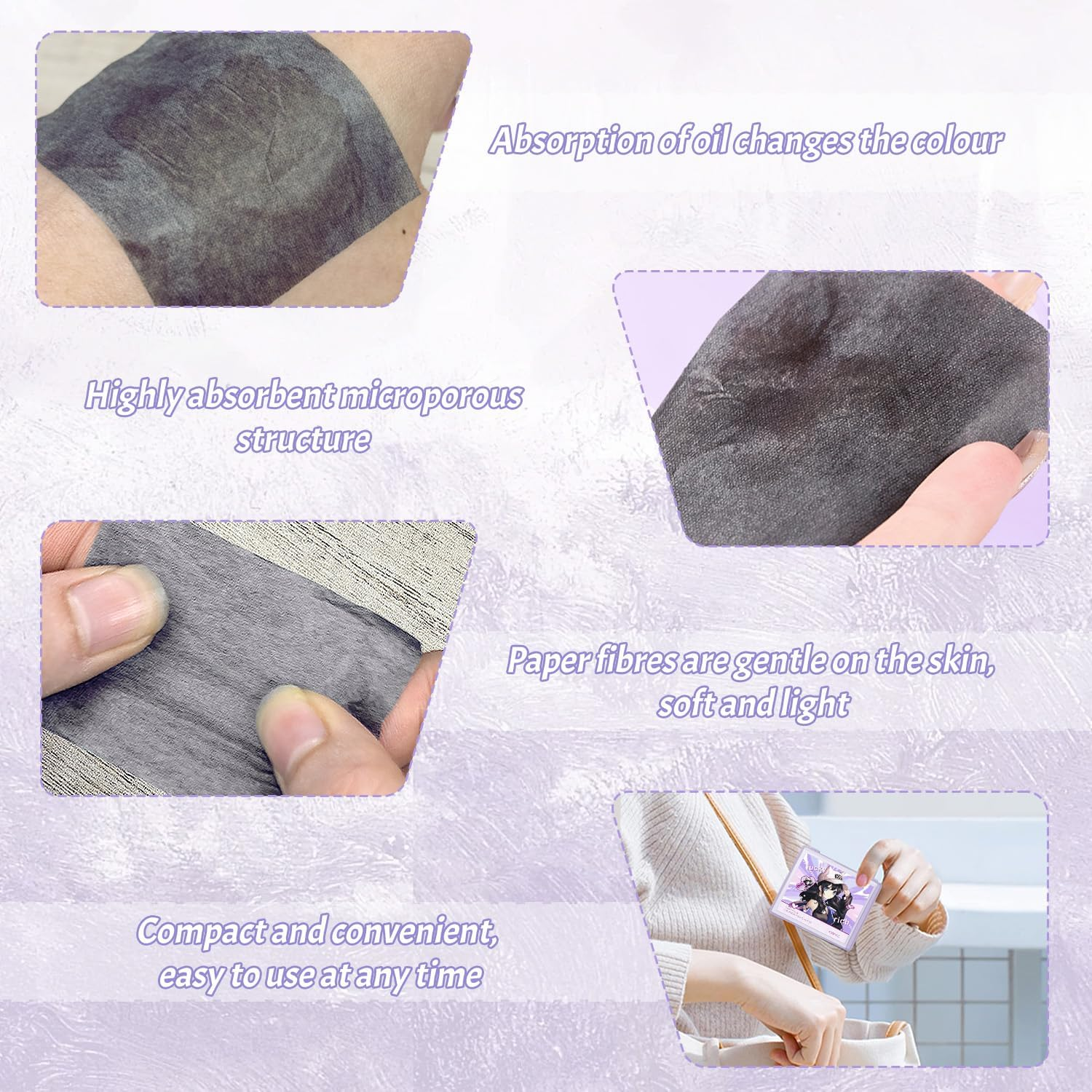 BOROLA 3-In-1 Lucky Girl Oil Blotting Paper Set for Face 100 Sheets Oil Absorbing Sheet with Portable Mirror & Adhesive Makeup Puff for Oily Skin, Design for Men & Women(Purple) image number 2
