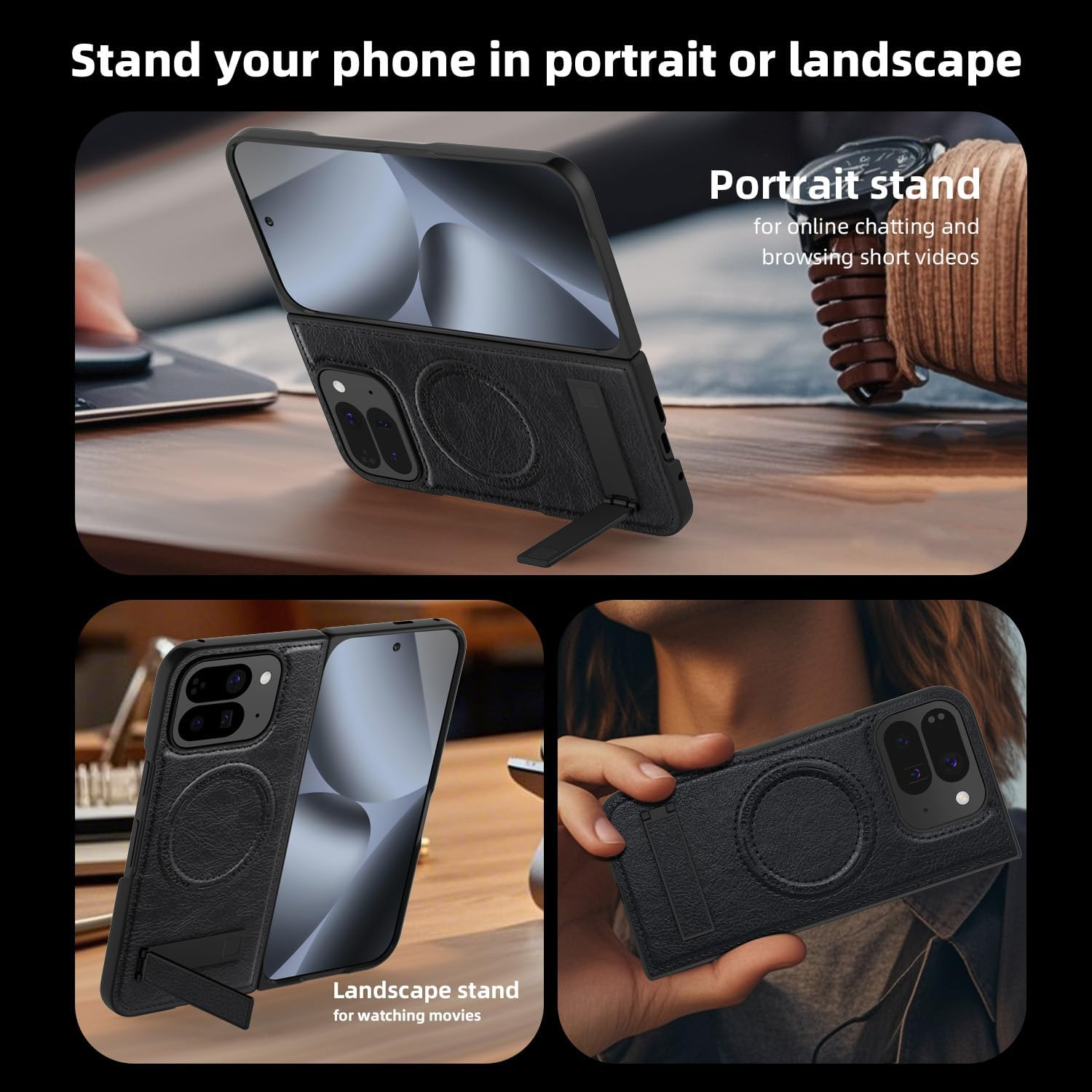 QYFCOU Magnetic Case for Google Pixel 10 Pro Fold - PU Leather Protective Cover with Stand, Compatible with Magsafe, Ultra-Thin Military Grade Shockproof and Scratch-Resistant (Black)