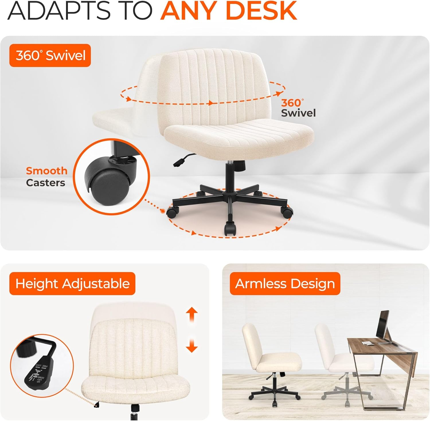 Orange Factory Criss Cross Legged Armless Desk Reading Chair with Wheels Swivel Modern Ergonomic Vanity Bedroom Adjustable Wide Comfy Computer Gaming Chairs for Home Office (Beige)