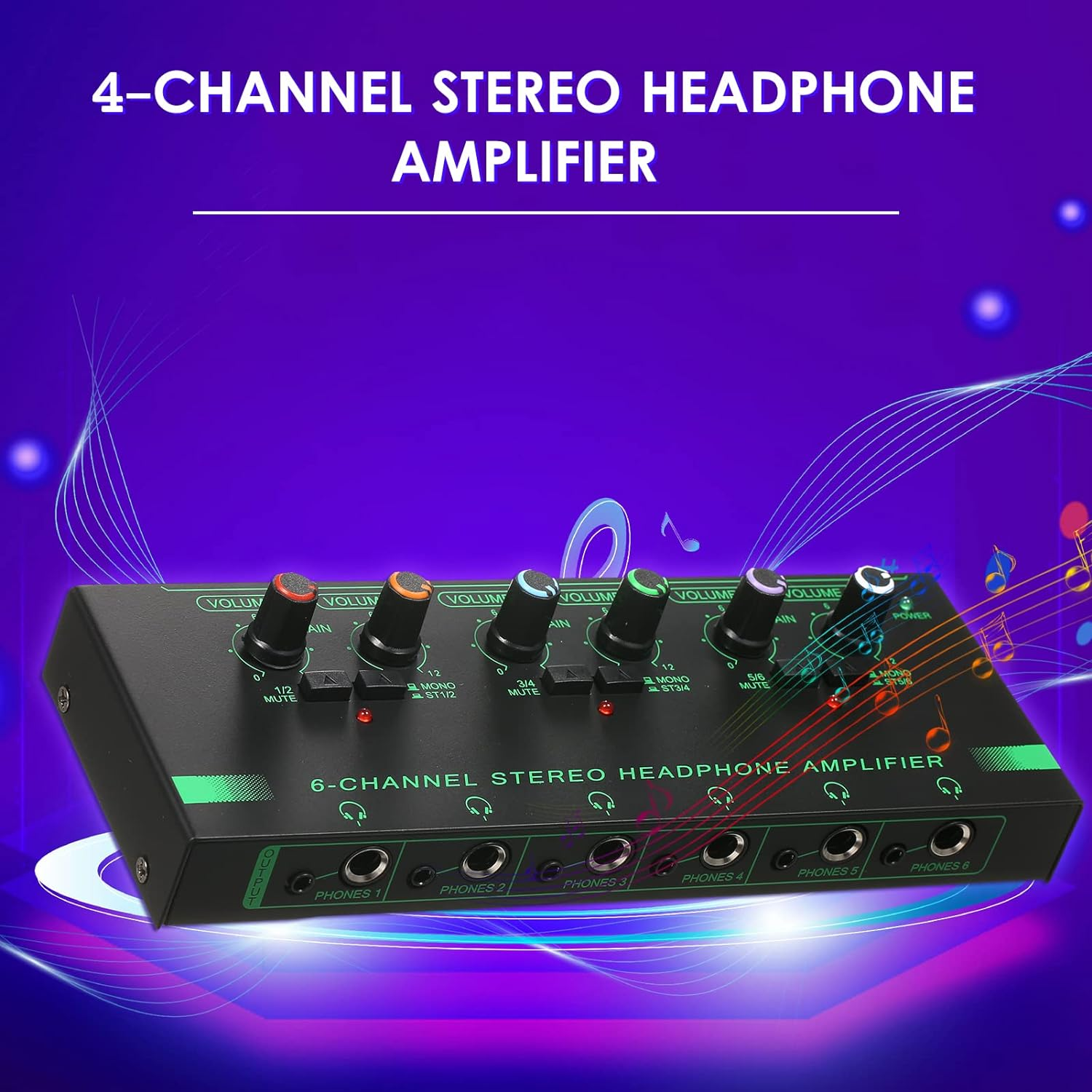 Headphone Amplifier, 6-Channel Stereo Headphone Amplifier Compact 6 Channels Mini Audio Stereo Headphone Amp with 6.35Mm/3.5Mm Input Volume Control In-Ear Monitoring System for Stage and Studios image number 4