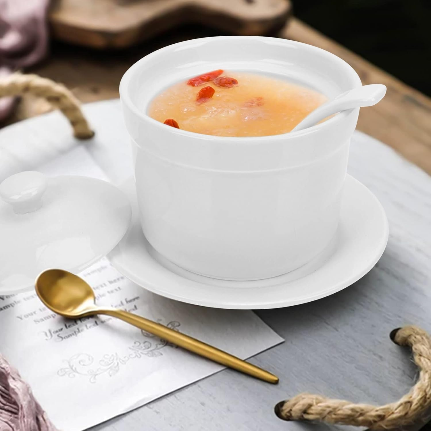 Angoily 1Set Ceramic Stewing Bowl Lid Delicate Soup Bowl for Restaurant Use for Steamed Eggs Soups and Desserts Spoon and Plate Safe for Microwave and Dishwasher image number 2