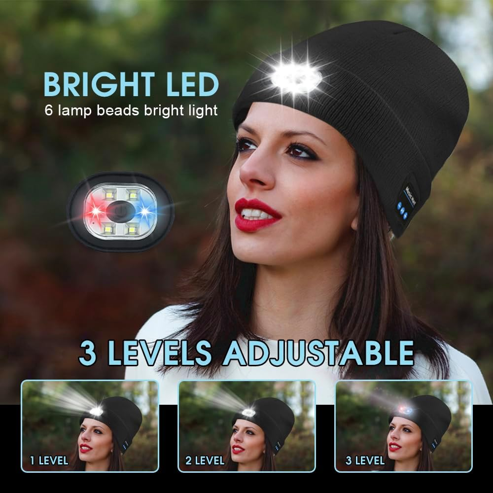 Sonicefit Bluetooth Beanie Music Hat with Light, Rechargeable LED Headlamp Knit Cap with Built-In Wireless Headphones & Mic, Unisex Winter Warm Hat - Black image number 4