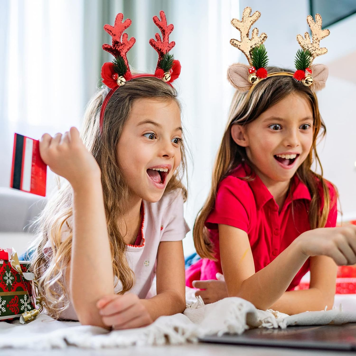 2 Pieces Christmas Headband Reindeer Antler Party Hats Xmas Hair Band Hair Hoop with Ears Christmas Head Hat Toppers Costume Headbands Photos Booth Headwear Party Decoration for Kids Adults image number 4