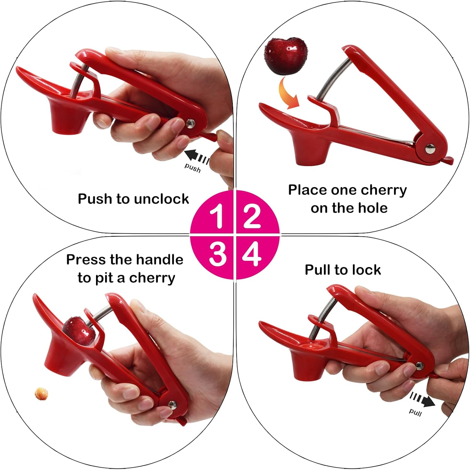 Cherry Pitter Tool, Olive Pitter and Fruit Pit Corer Remover Tool, Portable Kitchen Tool with Space-Saving Lock Design for Making Jam (Red) image number 3