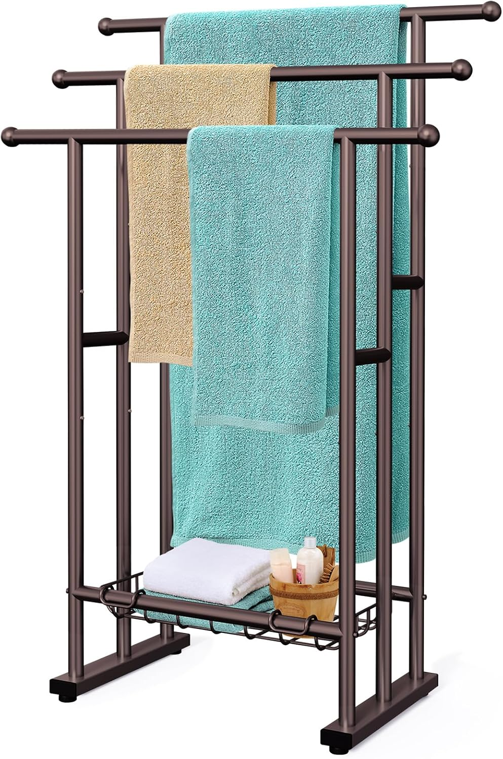 Kayfia 40/'' Tall Freestanding Towel Racks for Bathroom, 3 Tier Floor Rack with Storage Basket, Blanket Ladder Drying and Display Large Bath & Hand Outdoor Poolside (Silver), Grey (MJJ-FZ)