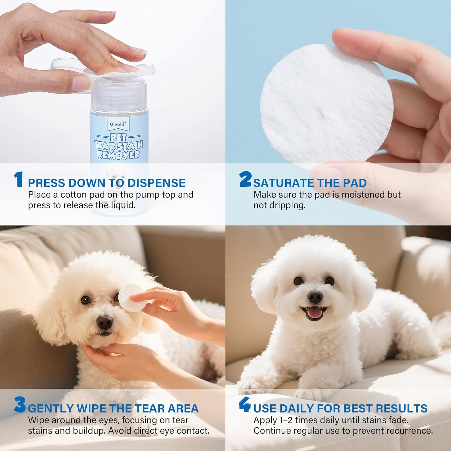 Natural Tear Stain Remover for Dogs and Cats 100 Ml, Eye Cleaning Pads Pack of 50 - Gentle, Safe & Non-Irritating Formula Effectively Removes Tear Stains, Eye Secretions, Discharge and Mucus image number 2