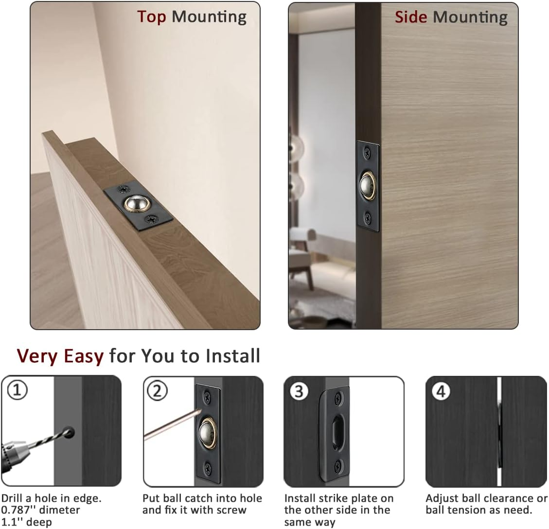 JQK Closet Door Ball Catch Hardware, Stainless Steel Catch Adjustable with Strike Plate, Black Finish 2 Pack, HBC100-BK-P2 image number 4