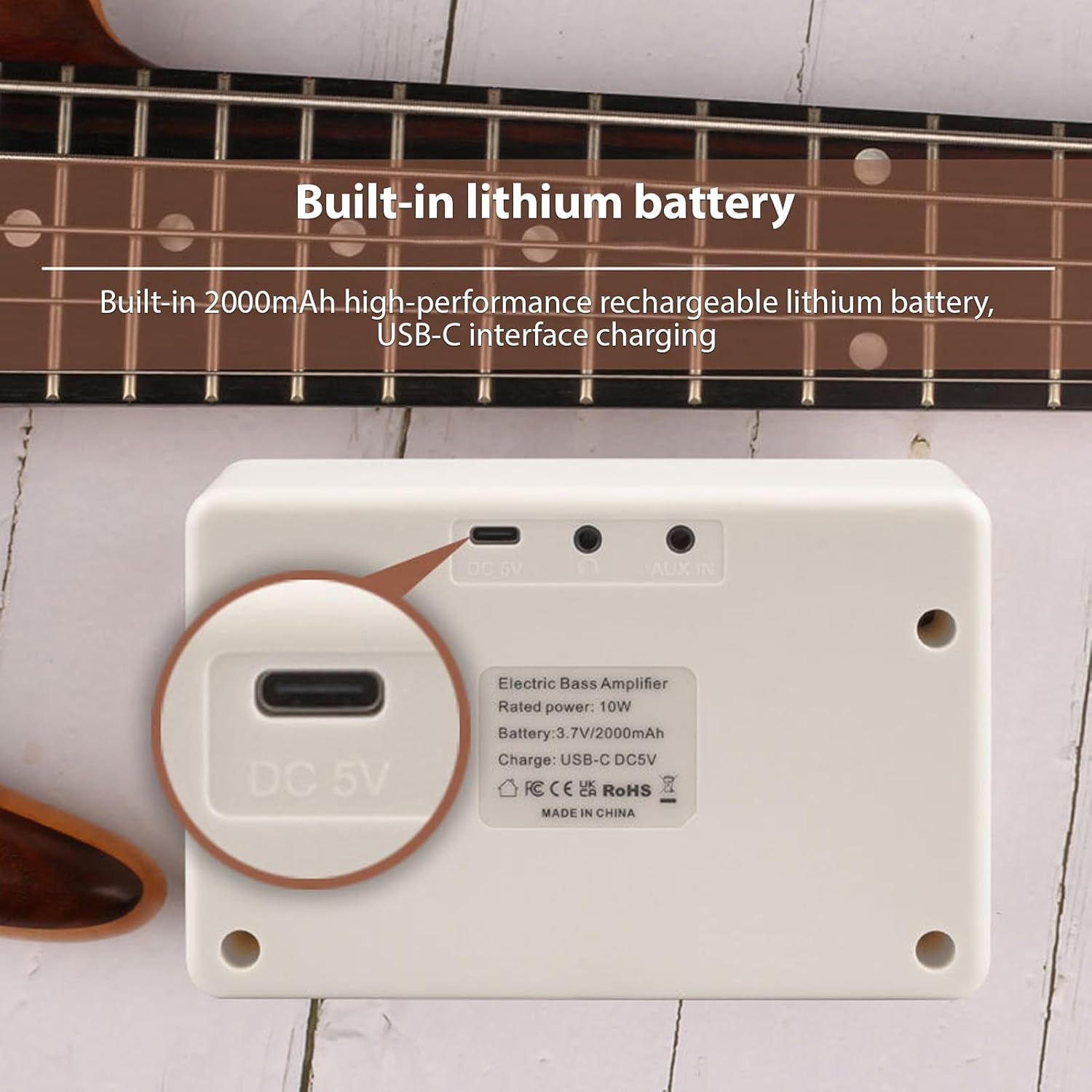 10W Small Electric Bass Amp Portable Bass Guitar Practice Speaker for Daily Practice Street Performances Rechargeable Portable O Supports Bt/Headphone Connection 6.35Mm Interface Plug And image number 5