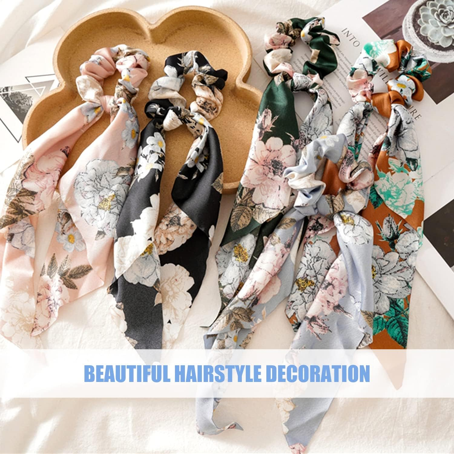 5Pcs Hair Scarf Headbands, 4Pcs Floral Chiffon Fat Sausage Hairbands, Elastic Flower Headbands, Ponytail Hair Accessories, Fashion Women'S Hair Accessories for Women Girls