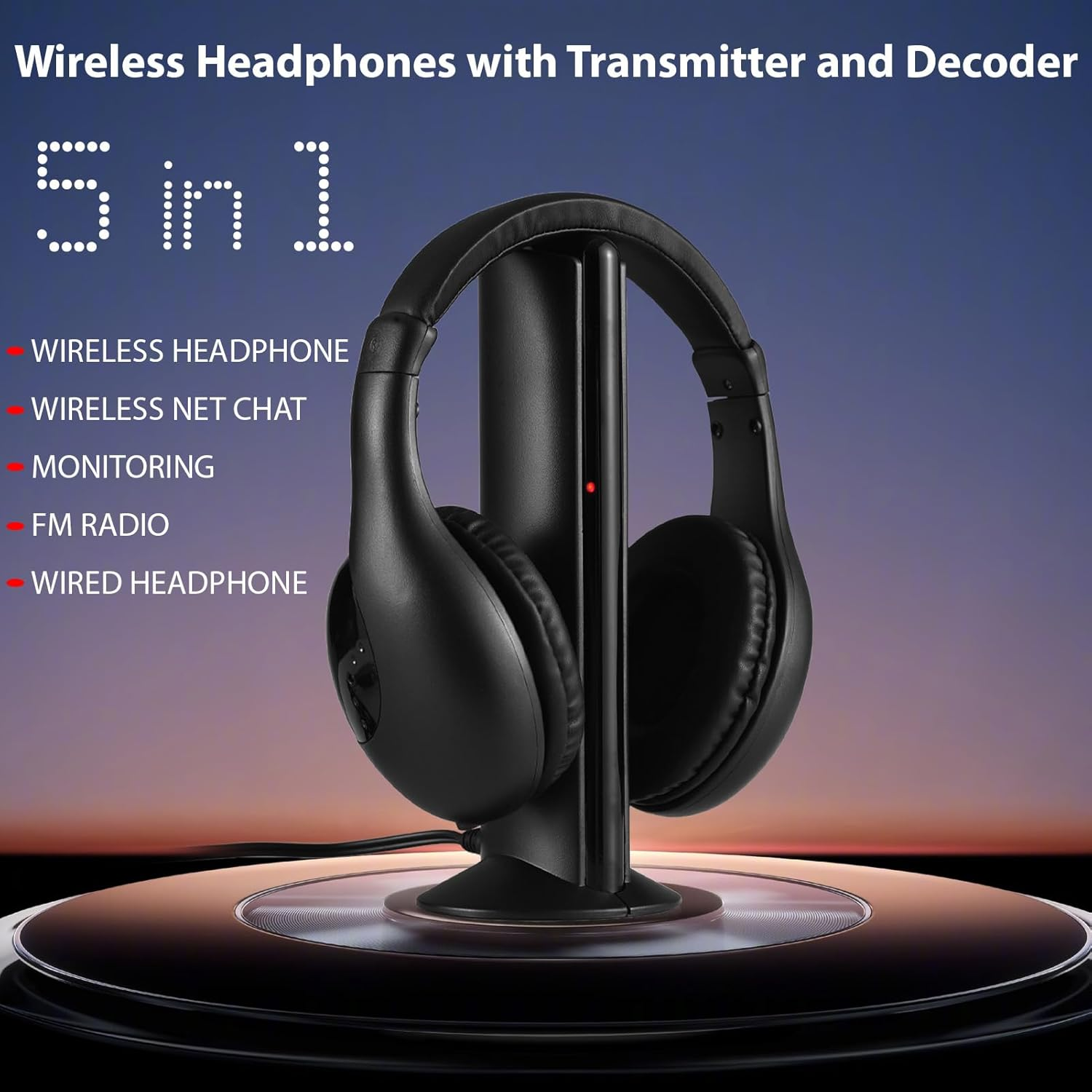 Wireless Headphones, for TV Watching with Transmitter and Decoder 5 in 1 TV over Ear Headset 98Ft Wireless Range FM Radios Monitoring Wired Headphones Transmitter with Fibe
