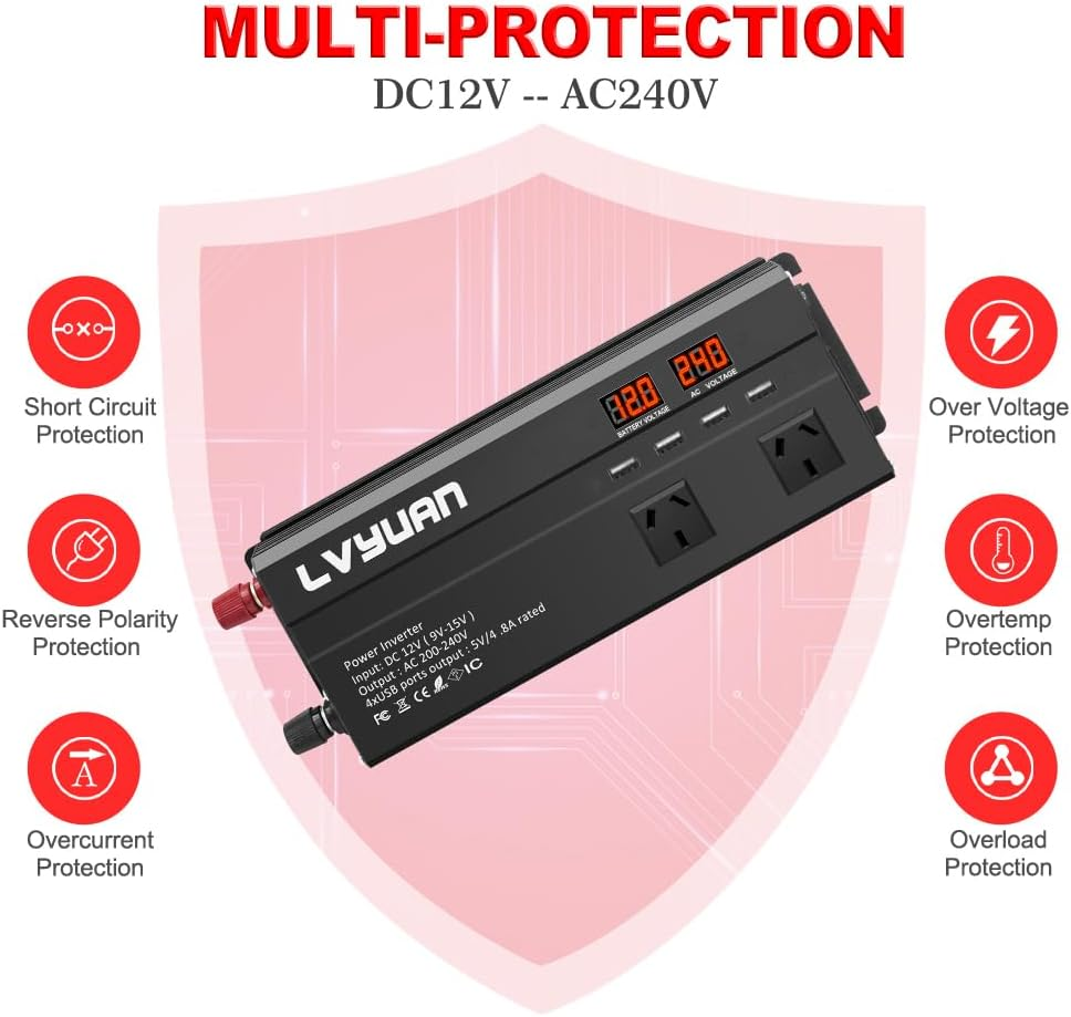 Yinleader Inverter 1000W Car Power Inverters 12V DC to 240V AC Converter with 4 AC Outlet 4 USB, 12 Volt Invertor Car Cigarette Lighter Inverter for Vehicles, Power Inversor 1000 Watts(Red) image number 3