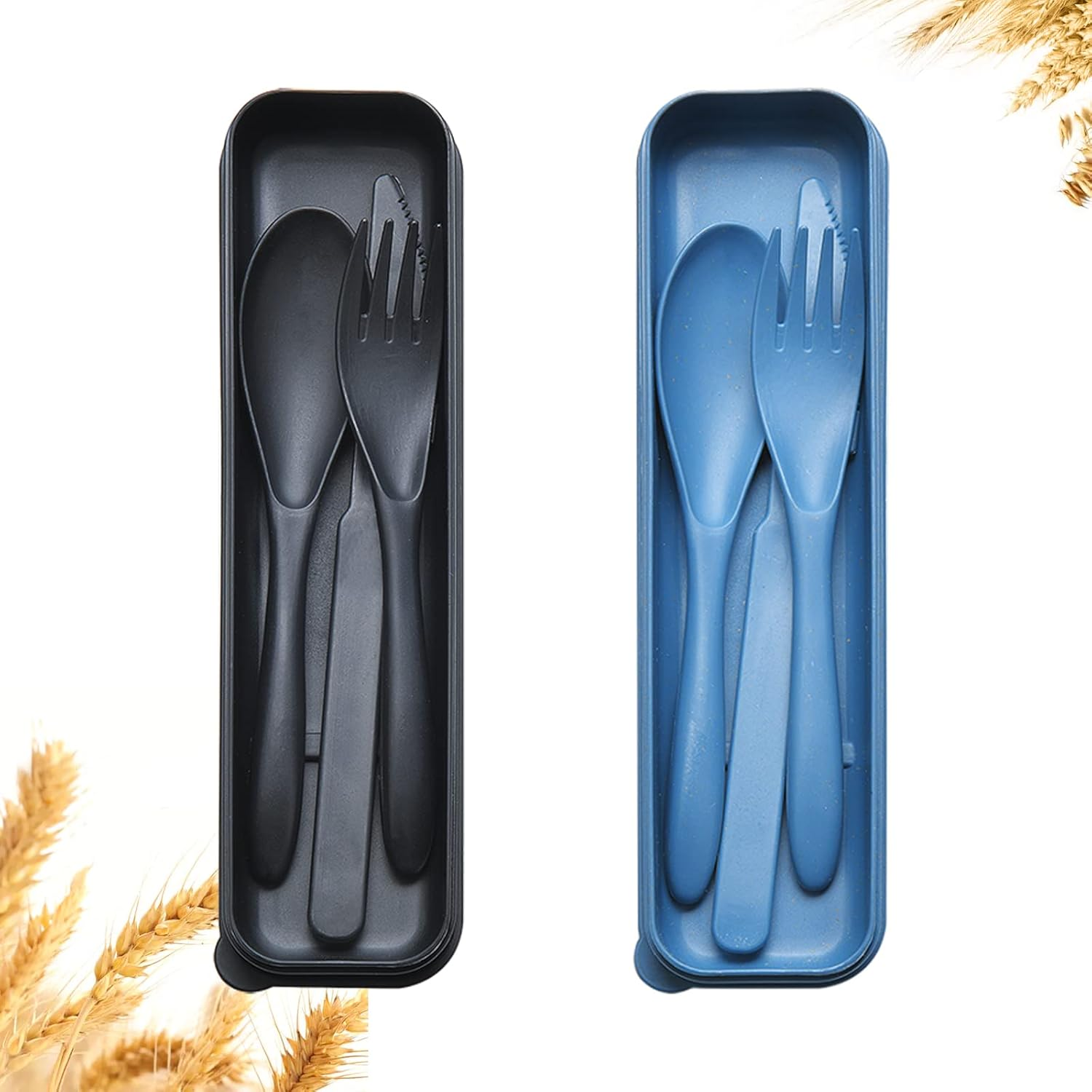 Reusable Travel Utensils Set with Case, 2 Sets Wheat Straw Portable Plastic Fork Spoons Knife Camping Cutlery, Eco-Friendly BPA Free Lunch Tableware for Kids Adults Travel Picnic Utensils
