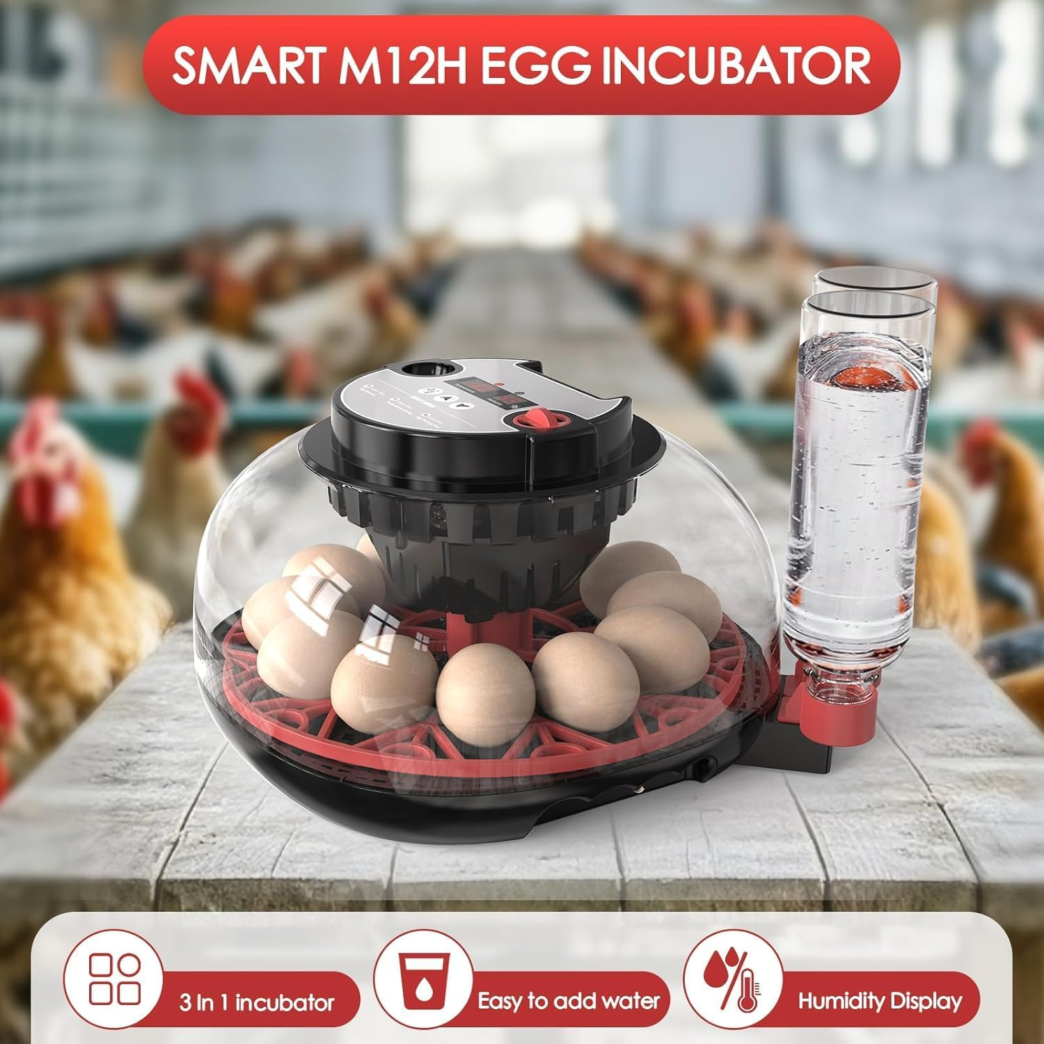 12 Egg Incubator with Humidity Temperature Display, Egg Candler, Automatic Turner, for Hatching Chickens,Chicken Incubator (Black) image number 2