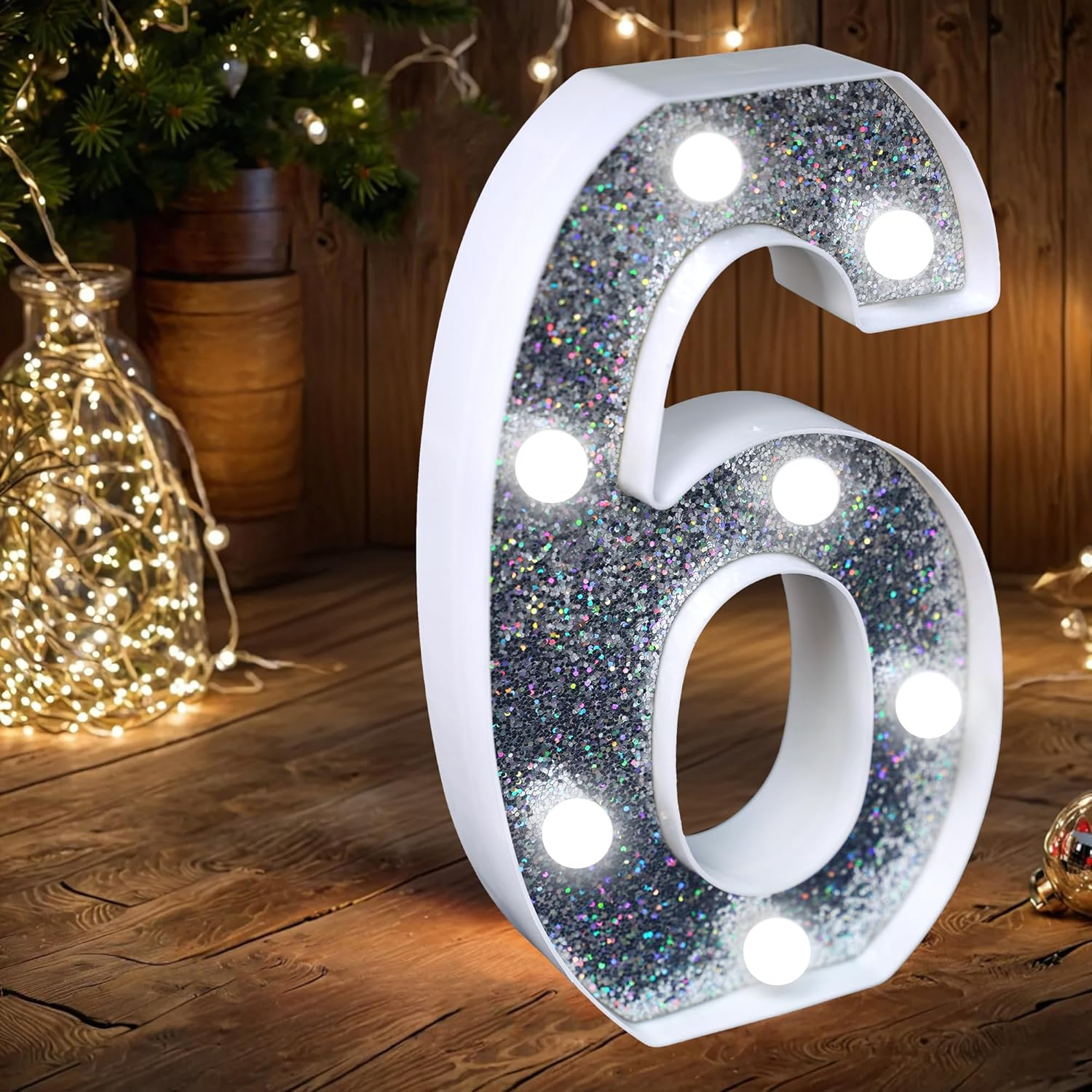 JEMESI LED Number Light - Light up Silver Glitter Number Lights Sign Perfect for Use as a Night Light or at Wedding Birthday Party Home Decoration (Number 6)