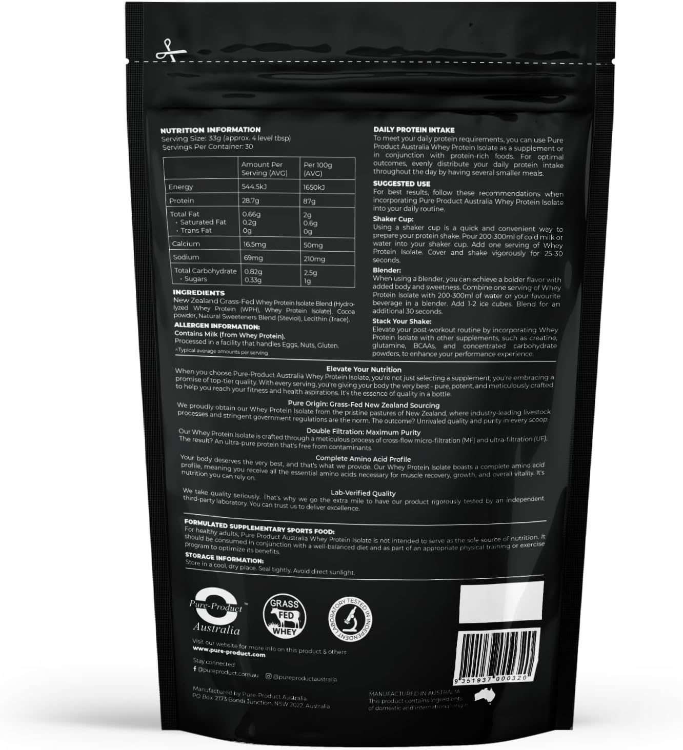 Pure Product Australia 100% Whey Protein Isolate CHOCOLATE 3Kg