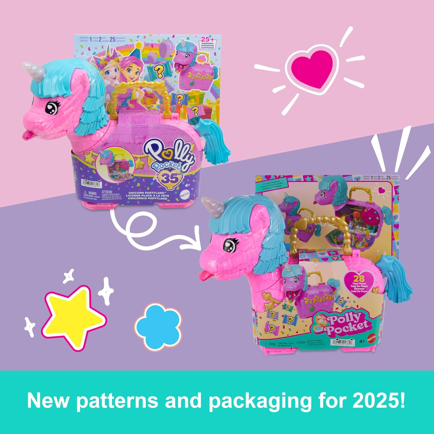 Polly Pocket Dolls & Playset with Pets & 25+ Surprise Accessories, Birthday Celebration Unicorn Partyland Playset, Hot Air Balloon Ride image number 1
