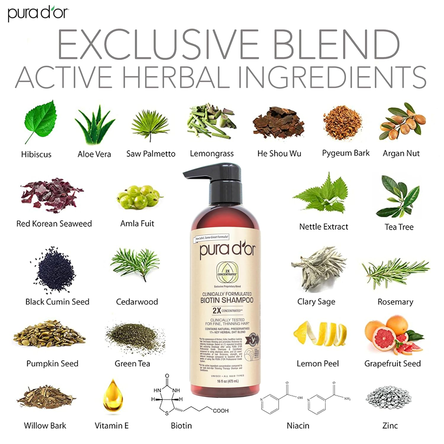 PURA D'OR Professional Grade Clinically Formulated Biotin Shampoo & Conditioner for Hair Thinning - 2X Concentrated DHT Blocker Thickening Products for Women & Men, Sulfate Free, 16Oz X2 image number 1