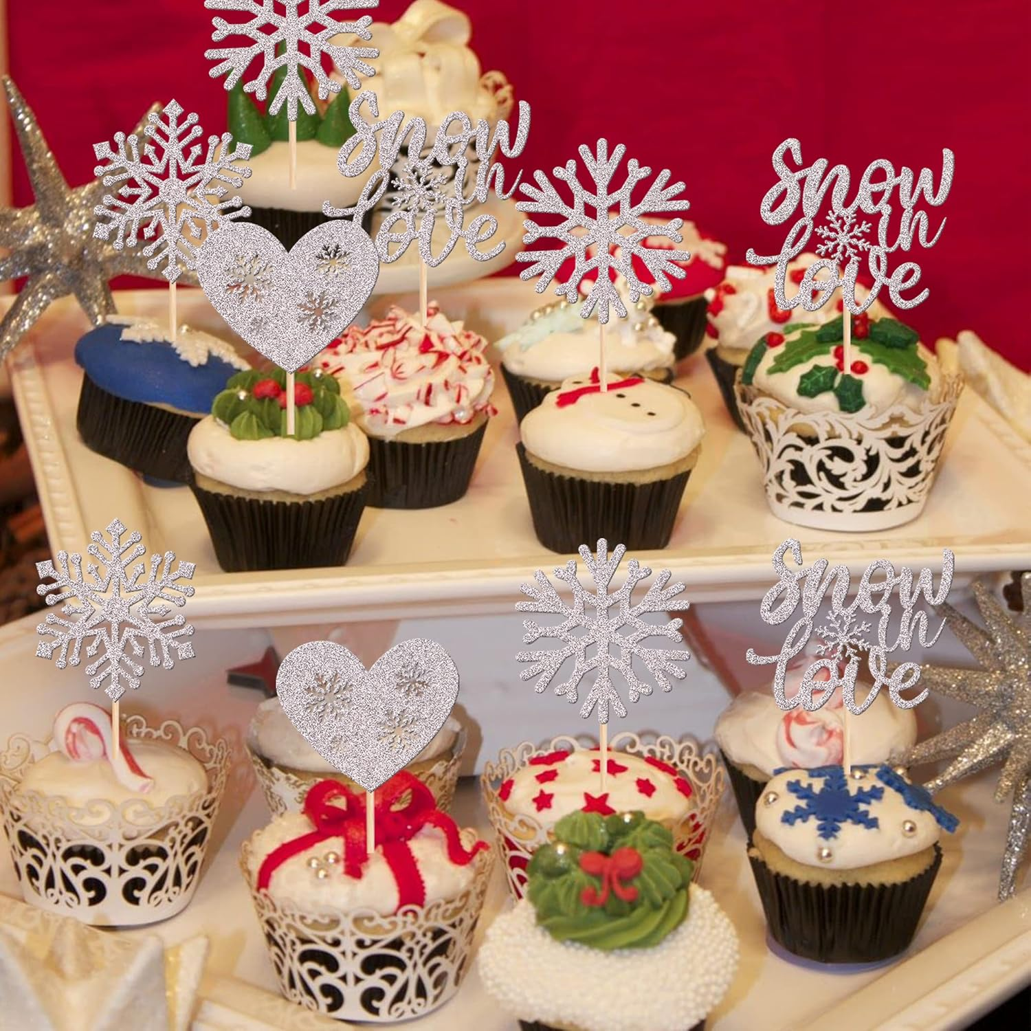 24 Pack Snow in Love Cupcake Toppers Glitter Snowflake Heart Valentine'S Day Theme Cupcake Picks for Bridal Shower Kids Birthday Christmas Party Decorations Supplies Silver image number 4