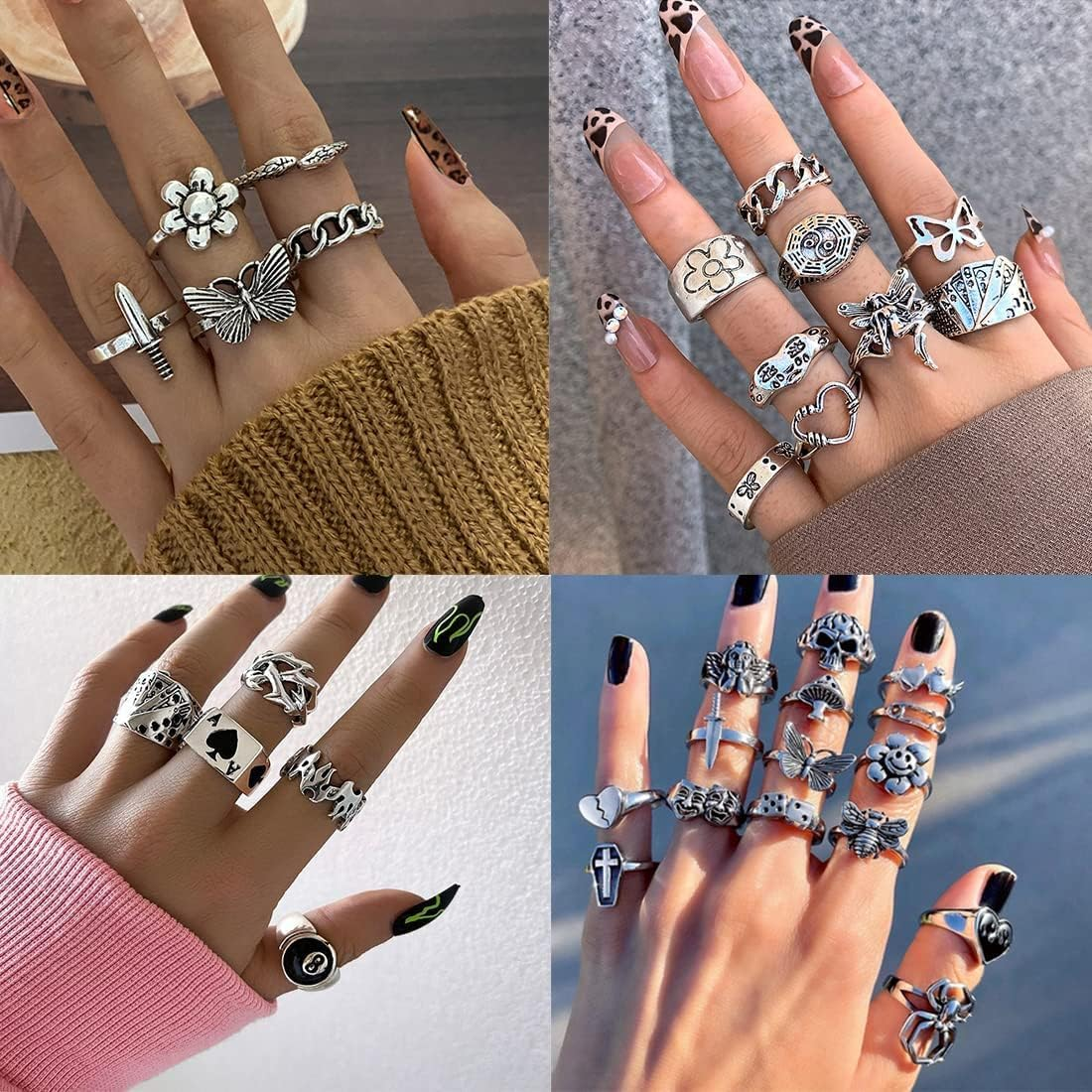Sanfenly 49PCS Vintage Silver Punk Rings Knuckle Rings Set for Men Women Snake Cross Flower Chunky Rings Open Adjustable Goth Punk Hip Hop Cool Midi Stackable Rings Pack image number 4