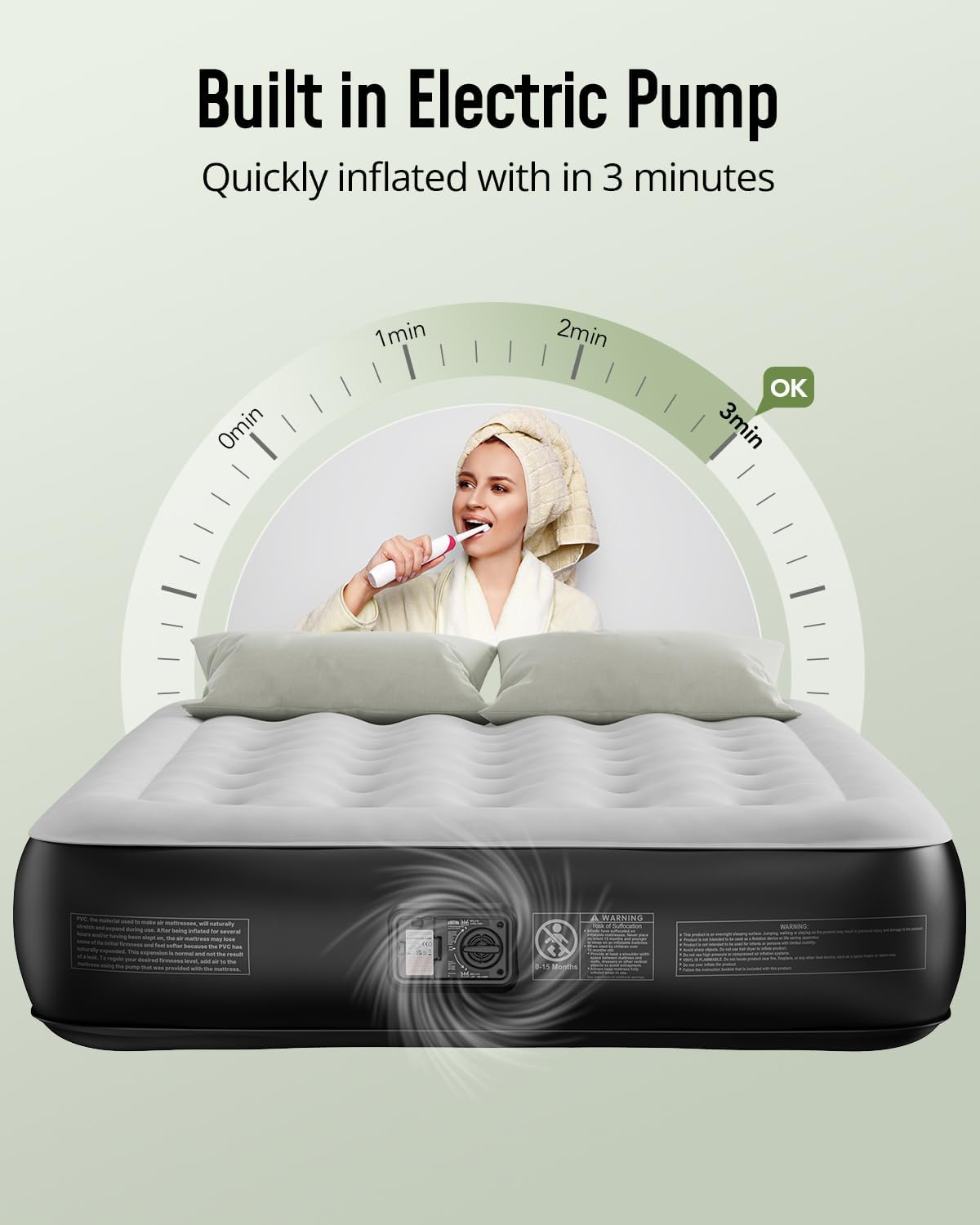 Airefina Queen Size Air Bed, Inflatable Bed with Built-In Pump, 3 Mins Quick Self-Inflation/Deflation Air Mattress, Comfortable Surface Blow up Bed for Home, Camping & Guests 203X152X33Cm 295Kg MAX image number 4