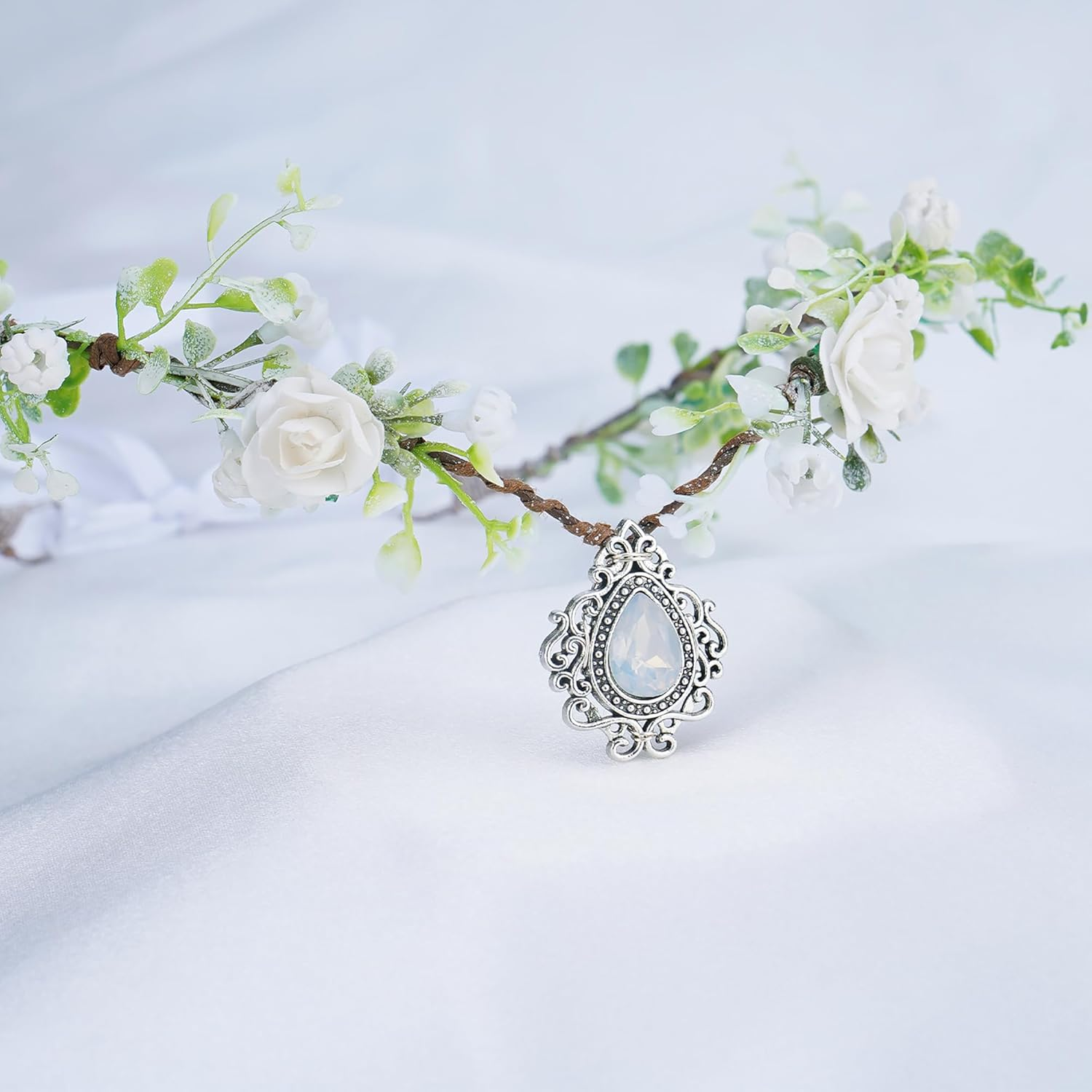 MOSTORY Elf Flower Fairy Crown - White Flowers Fairy Crown with Rhinestones for Women Cosplay Renfaire Accessories image number 1