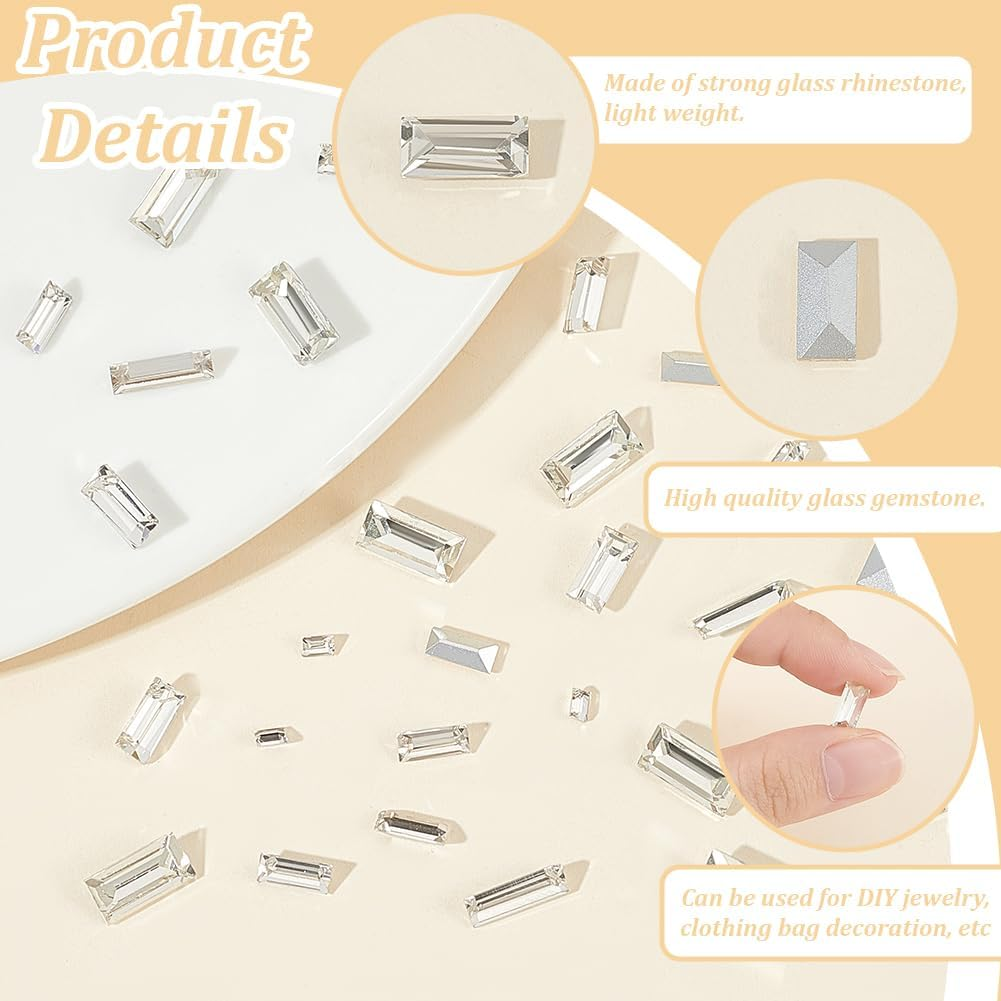 FINGERINSPIRE 180Pcs Mini Clear Pointed Back Rhinestone 6 Sizes Rectangle Faceted Glass Rhinestone Clear No Hole Glass Rhinestone Gems Crystal Jewelry Embellishments with Silver Plated Back for DIY image number 1
