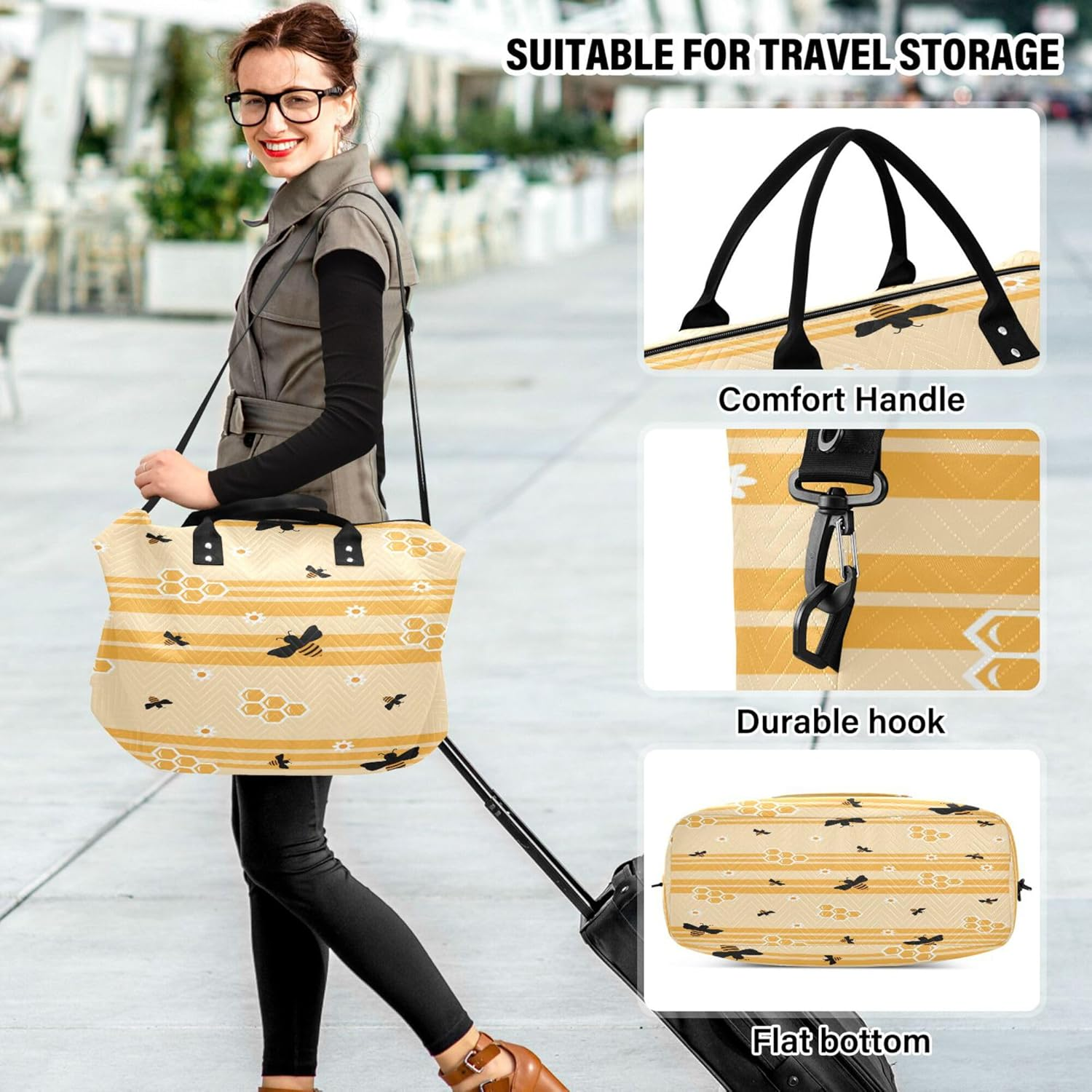 Caihoyu Large Bag Workout Bag Travel Weekender Gear Bag with Adjustable Strap for Trekking Waterproof Bees Honeycombs and Sunflowers, Multi, One Size, Multi, One Size, Modern/Fitted image number 2