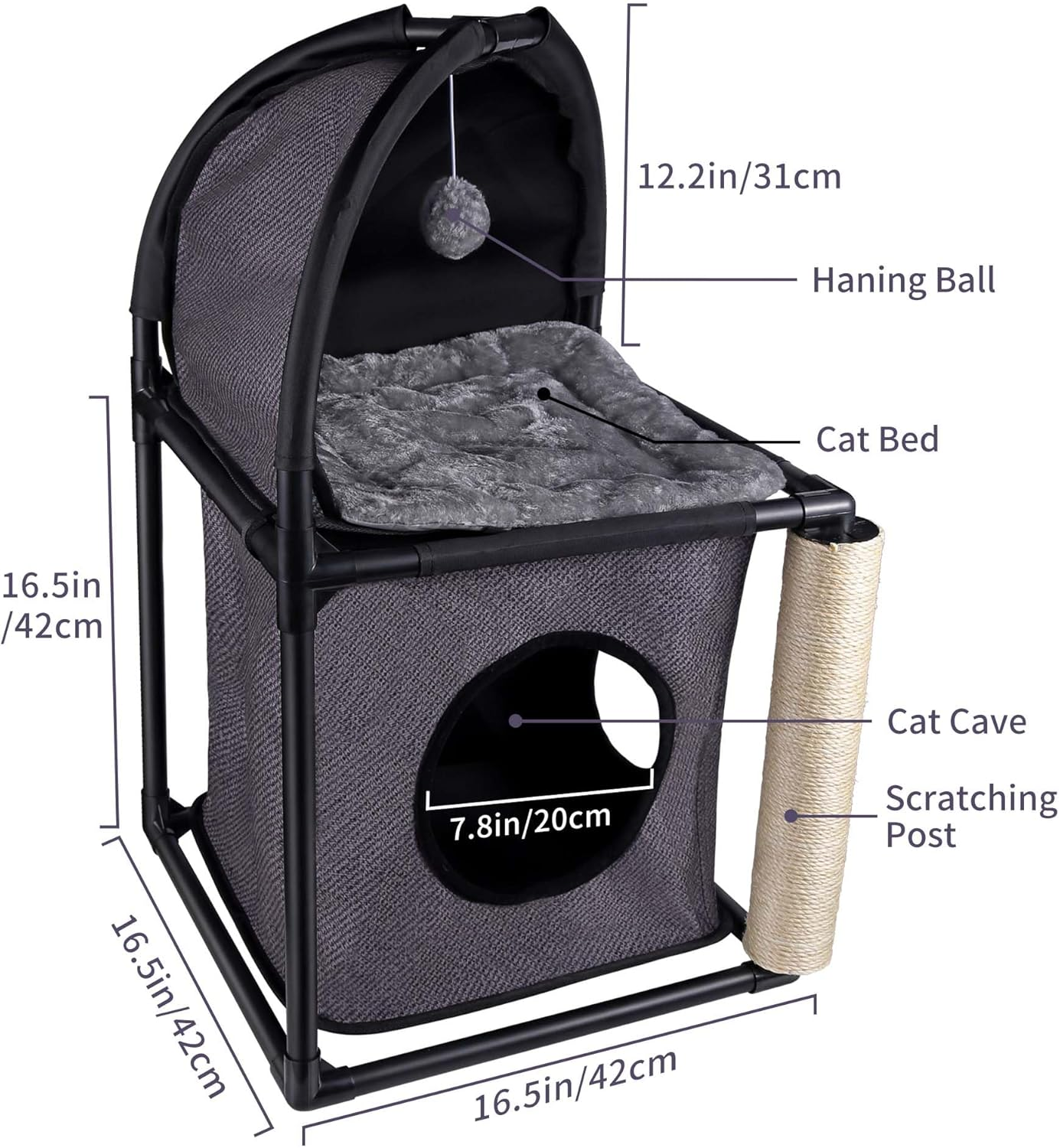 Goetland PVC Modern Cat Condo Cat House Cat Tree Small Cat Tower Bed Scratching Post Dangling Ball Hole for Kitty Indoors Cat Gray