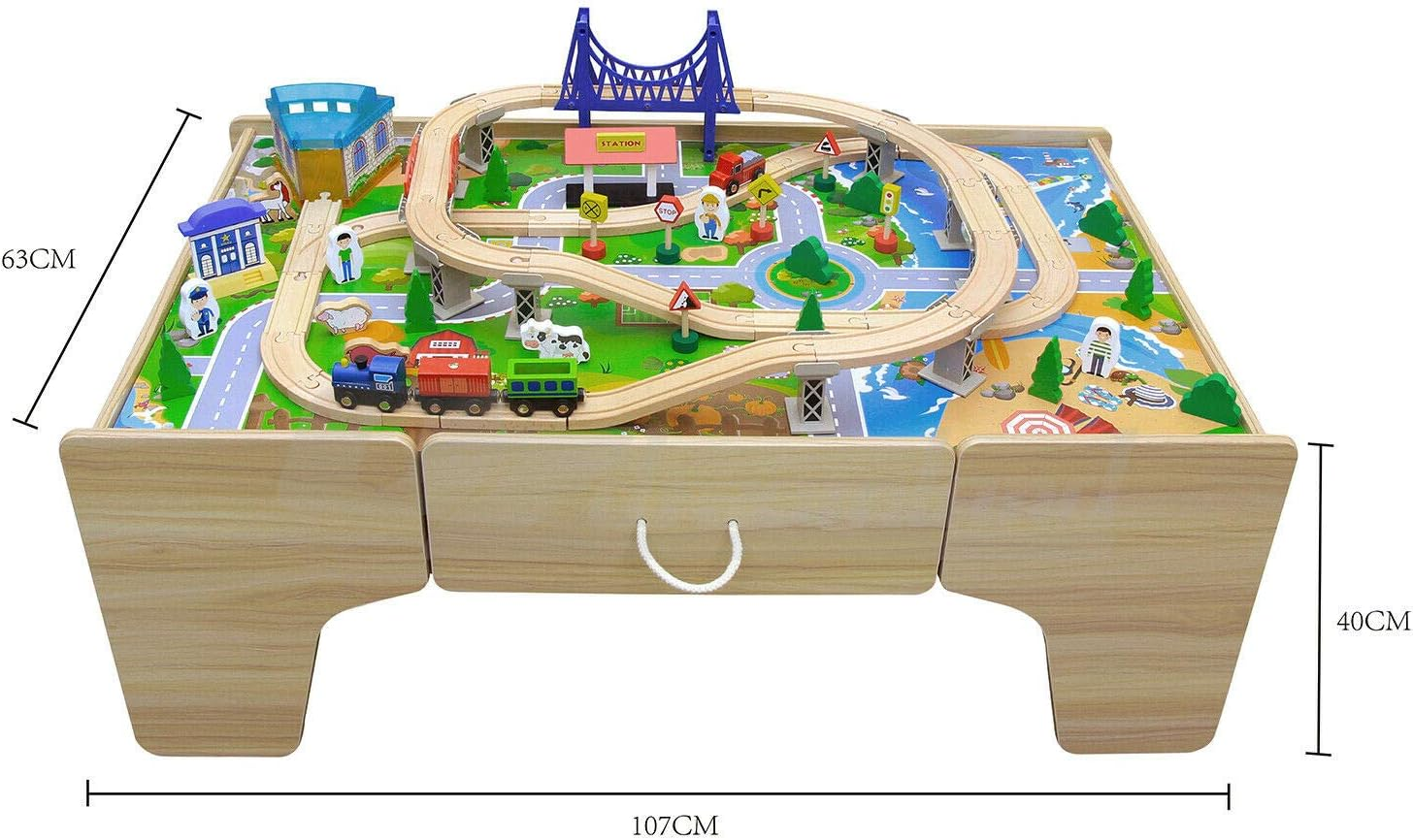 Kids Wooden Train Set Railway Activity Track Set Play Table with Storage Drawer 80PC 107(L) X63(W) X40(H) Cm image number 6