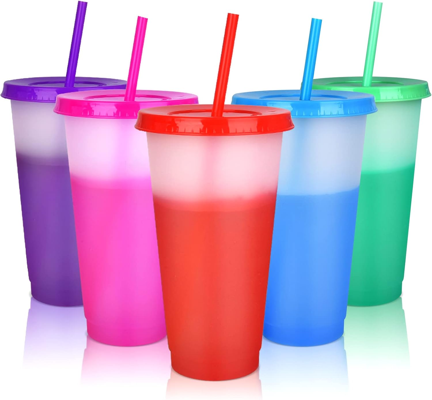 Color Changing Cups with Straws & Lids: 24Oz Cold Water Drinking Cups 5 Pack Reusable Plastic Tumbler Bulk Ice Cold Drinking Cup for Kids Partytravel Mug image number 6