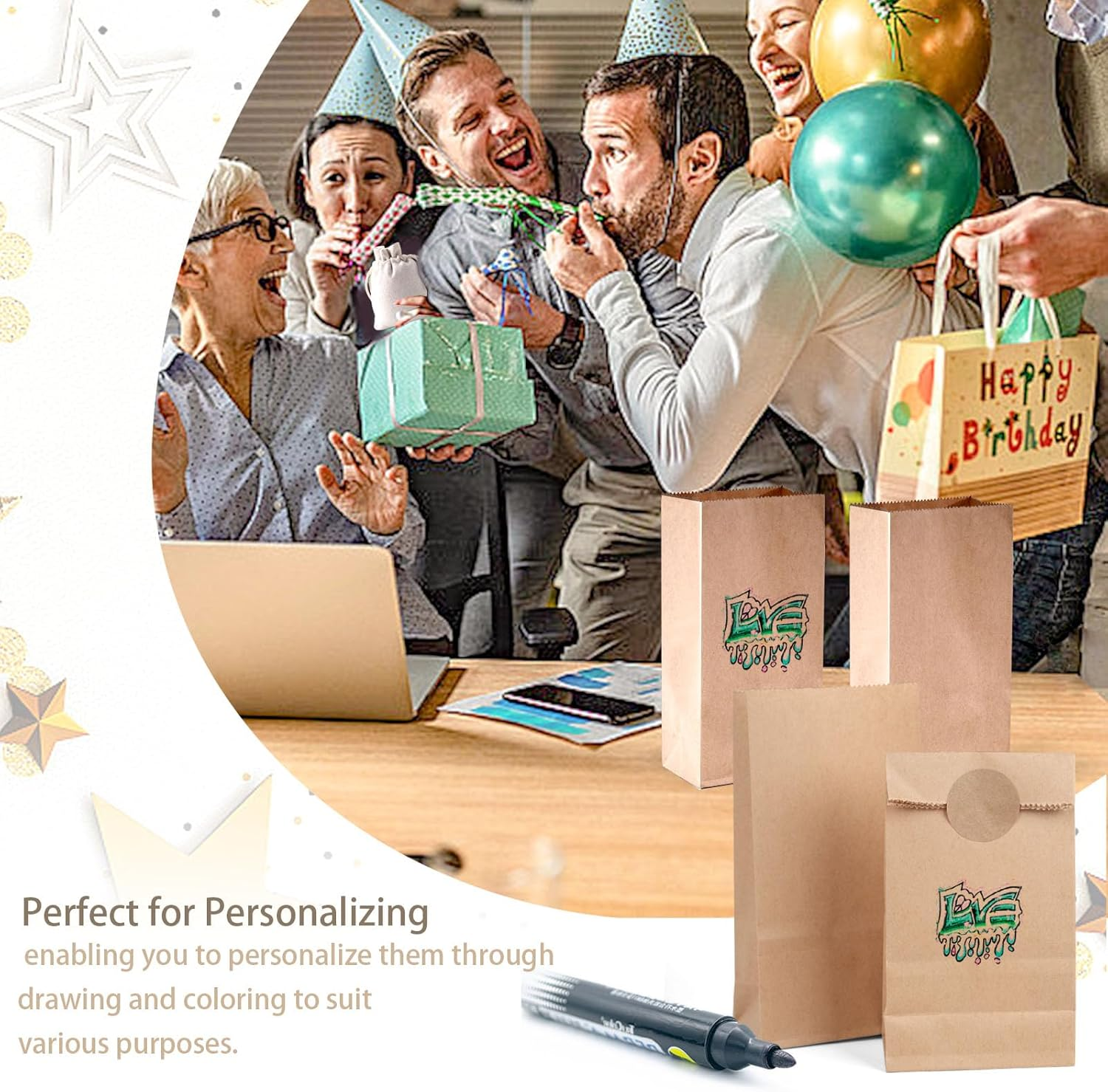 Shindel 120PCS Kraft Paper Bags, Brown Paper Bags with Stickers Mini Snack Bag Lunch Bag Treat Bag for Baby Shower Wedding Party Favors DIY Crafts image number 5