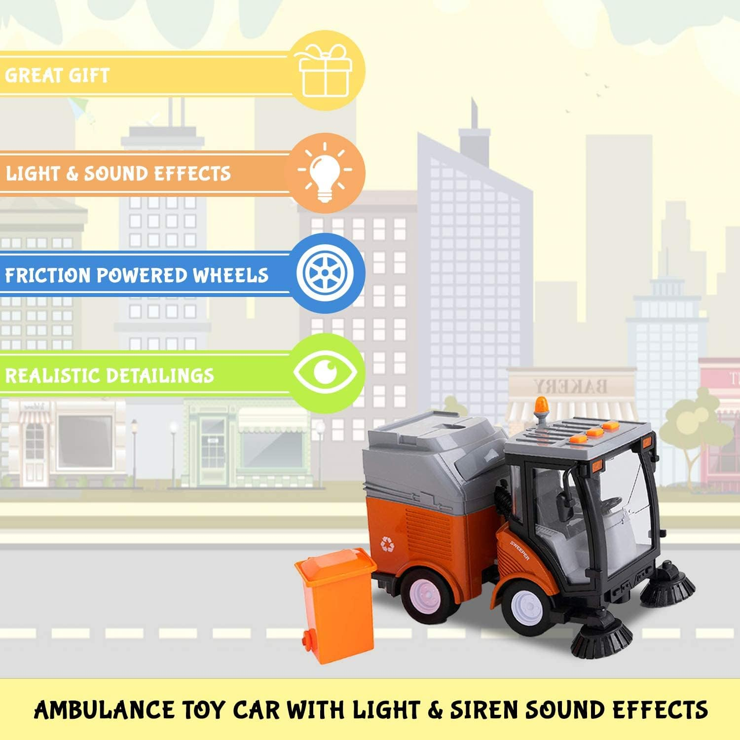 Toy to Enjoy Street Sweeper Truck with Light & Sound Effects - Friction Powered Wheels, Removable Garbage Can & Rotating Brushes - Heavy Duty Plastic Cleaning Vehicle Toy for Kids & Children