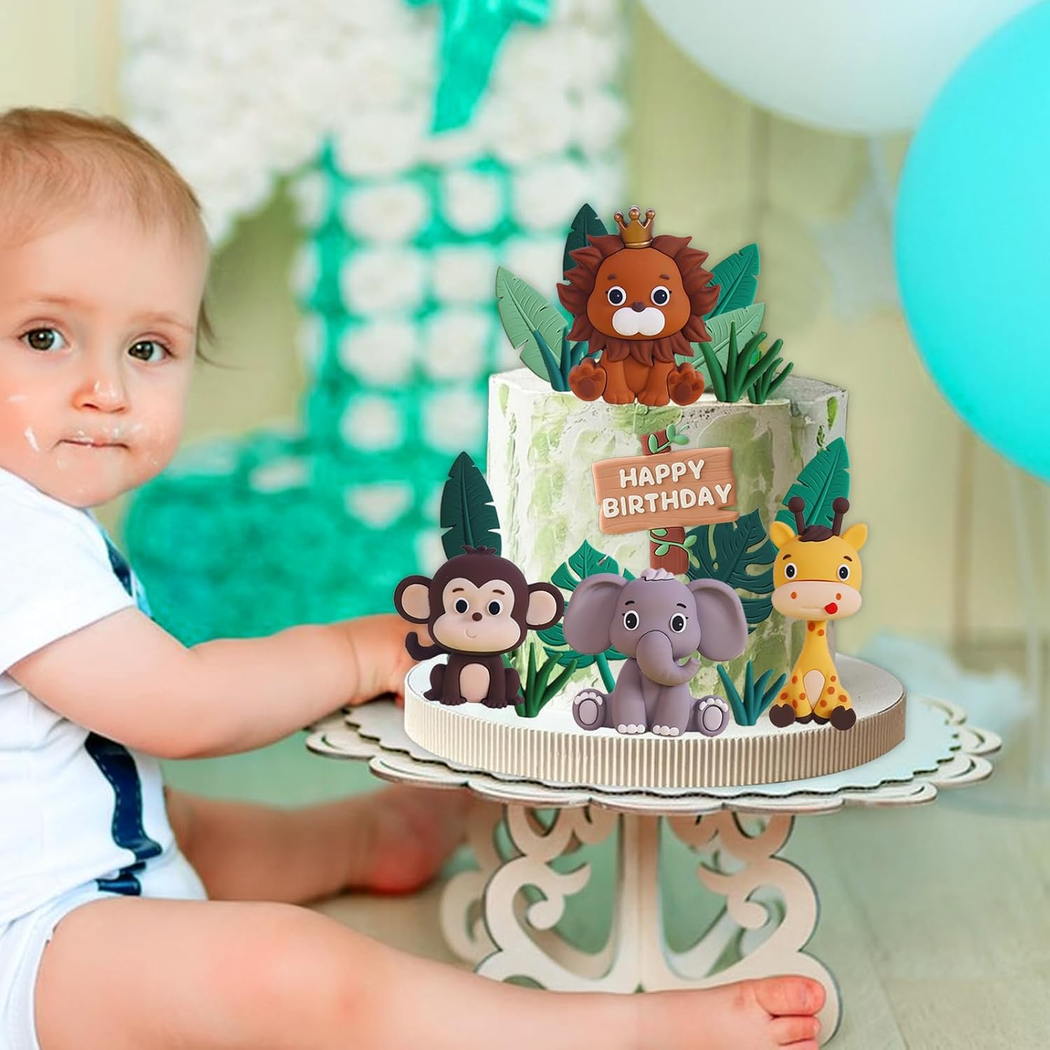 Chris.W 25 PCS Safari Animal Cake Topper Set, Jungle Wild Cake Toppers with Lion Giraffe Monkey Elephant Fake Leaves Grass Cake Decoration for Safari Animals Themed Birthday Party Supplies image number 1