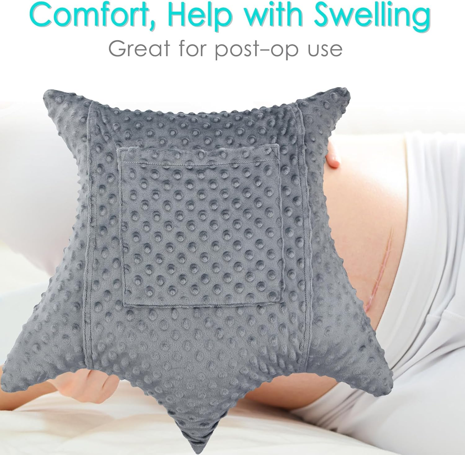 D. Cozy Star Shaped Hysterectomy Pillow with 2 Pockets for Abdominal Surgery Hysterectomy Recovery Must Haves Products Gifts Tummy Pillow with Hands Placement Pouch Minky Dot Dark Gray image number 6